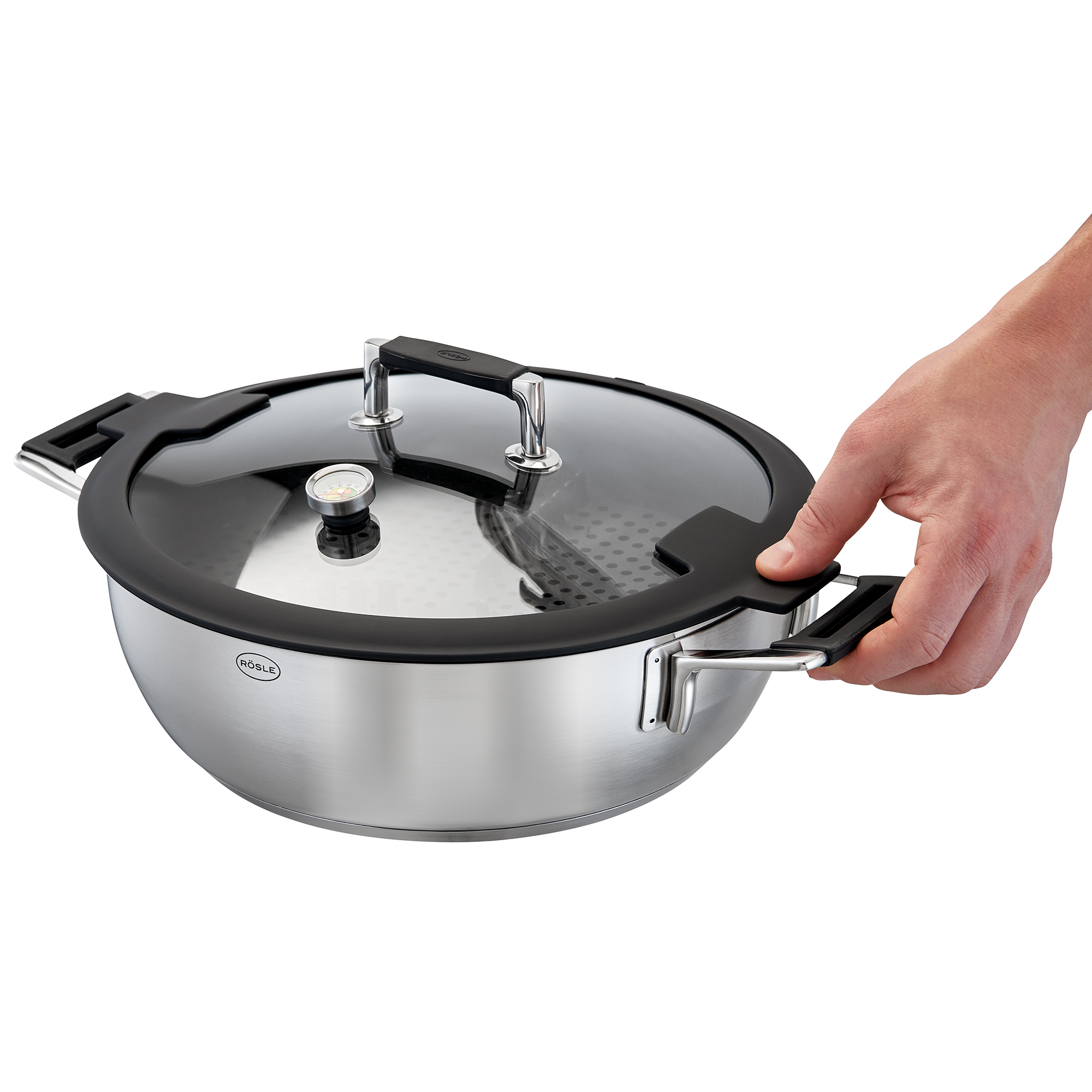 RÖSLE Glasdeckel Pro-Serie 28 cm Glasdeckel für Pro-Serie, 28 cm, mit Thermometer und Silikonrand, handgehalten.