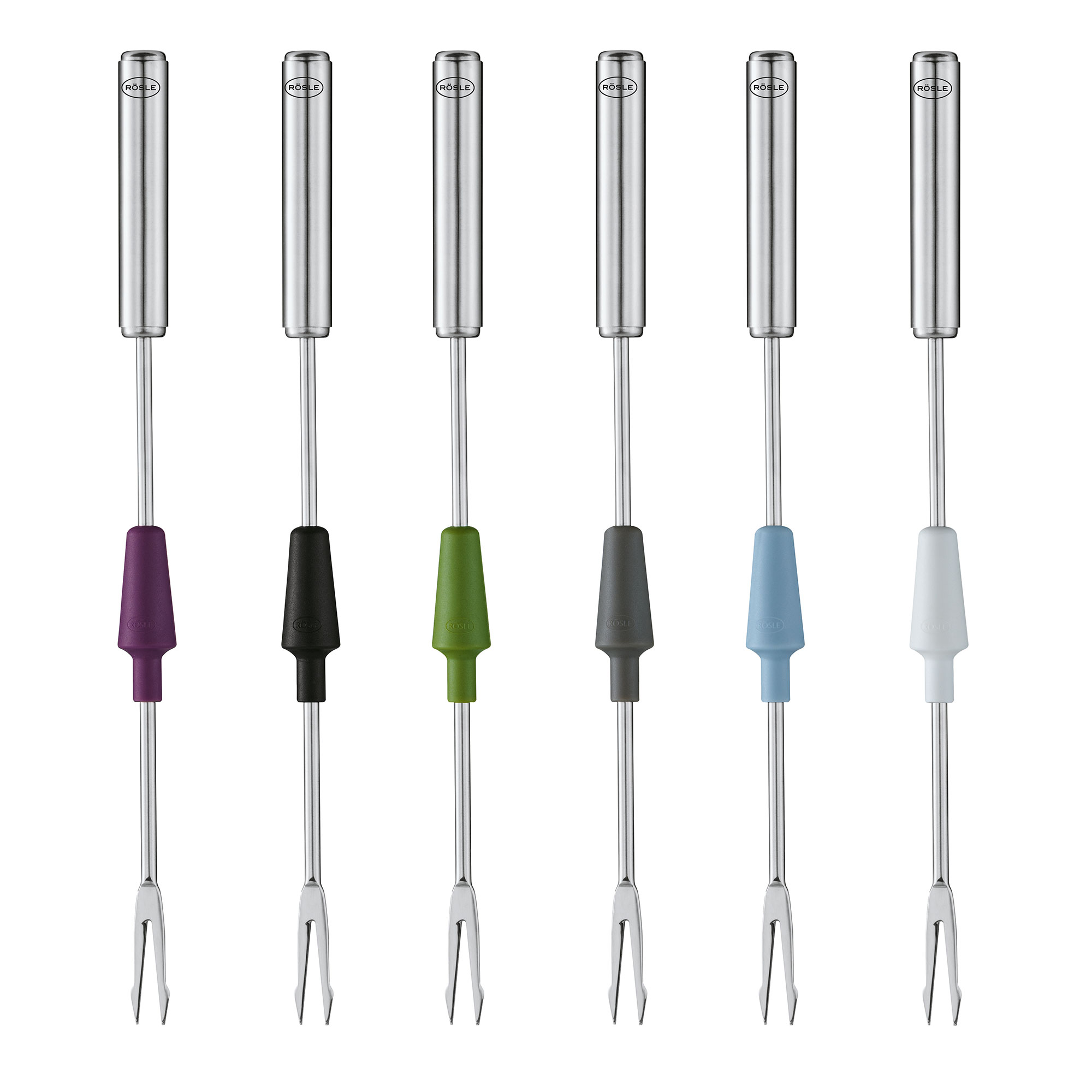 RÖSLE Fonduegabeln Set Fonduegabeln in verschiedenen Farben mit Edelstahlgriffen und spitzen Gabeln.