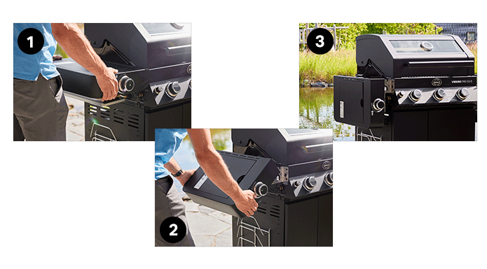 Abklappbare Seitentische Drei Bilder, wie das Seitenteil des Grills abgeklappt wird