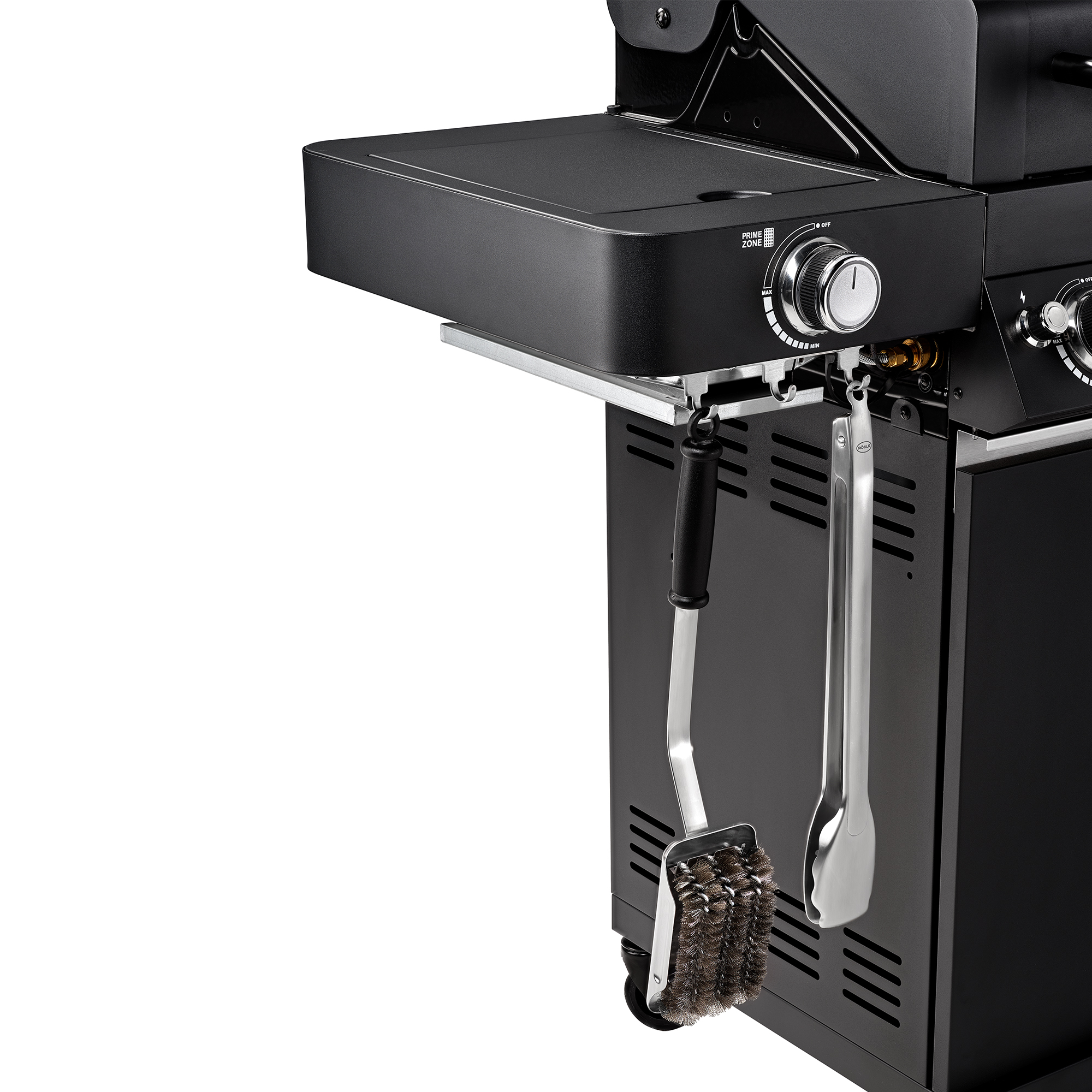 RÖSLE Gasgrill Videro G4-S Gasgrill BBQ Station Videro G4-S in Schwarz mit seitlichem Ablagetisch und Grillwerkzeug.