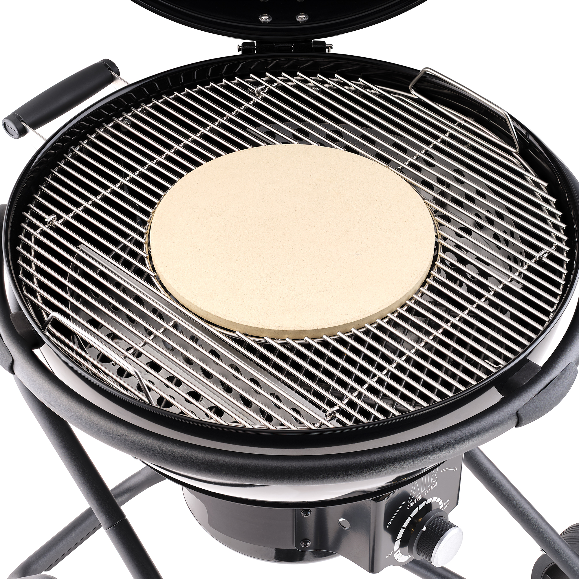 RÖSLE Holzkohle Kugelgrill mit Pizzastein Holzkohle Kugelgrill No.1 AIR F60 Nero mit Grillrost und Pizzastein in der Mitte.
