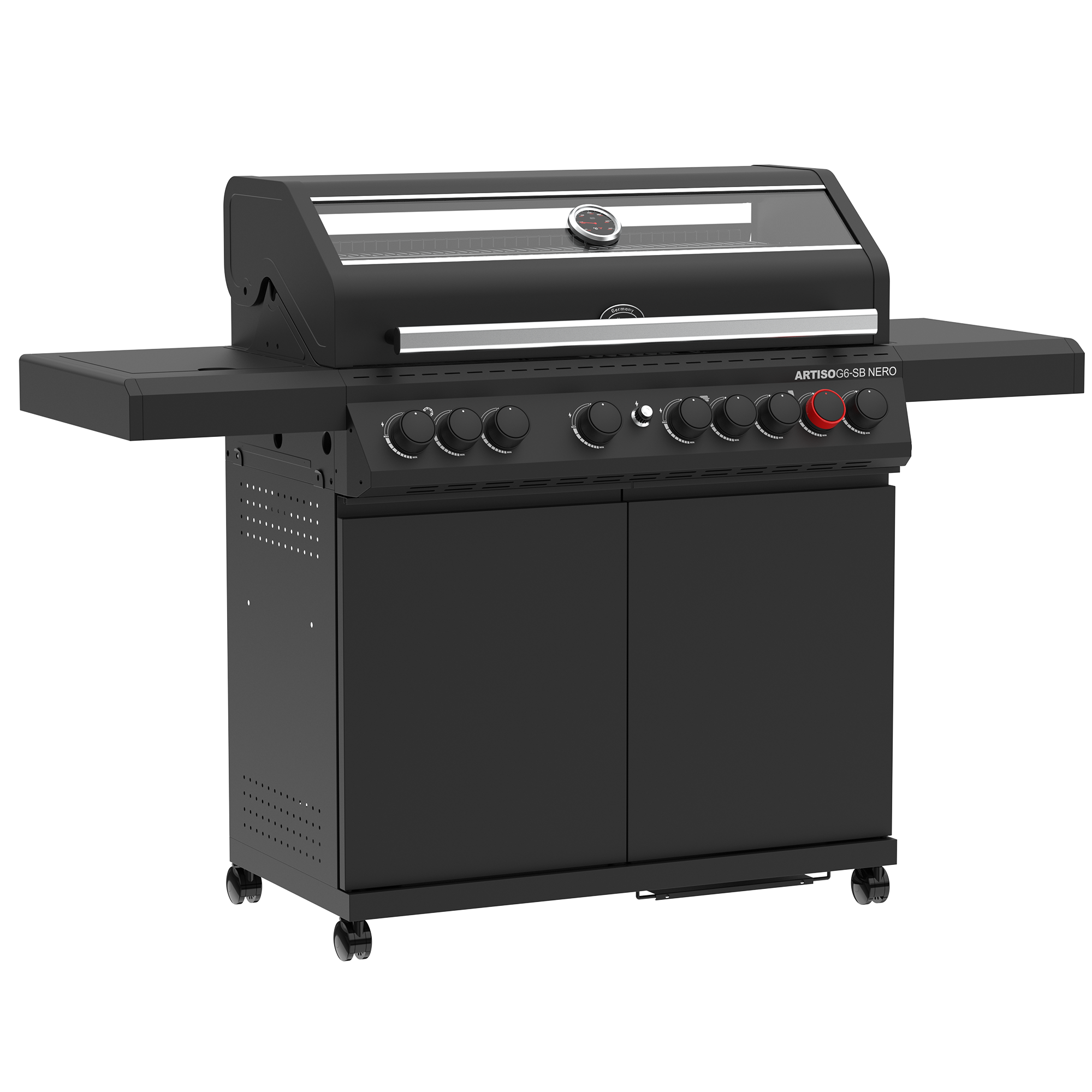 RÖSLE Artiso G6 Nero Gasgrill Artiso G6 Nero Gasgrill in Schwarz mit sechs Drehreglern und seitlichen Ablageflächen.