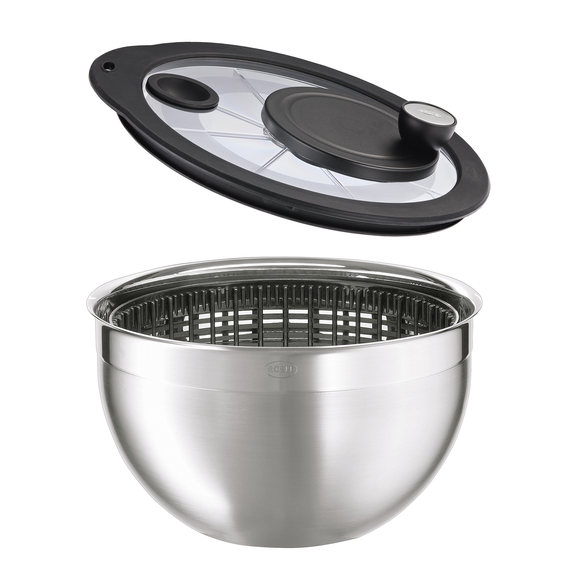 RÖSLE salad spinner Stainless steel salad spinner with black lid and removable basket.