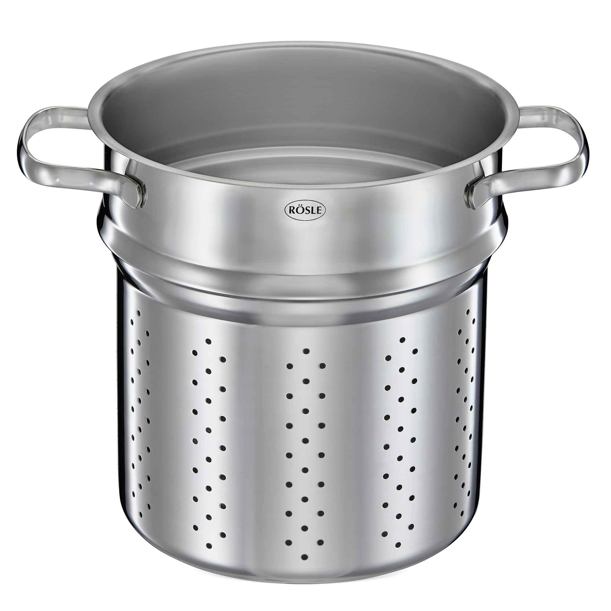 RÖSLE Pastatopf Elegance 20 cm Pastatopf Elegance, 20 cm, aus Edelstahl mit perforiertem Einsatz und zwei Griffen.
