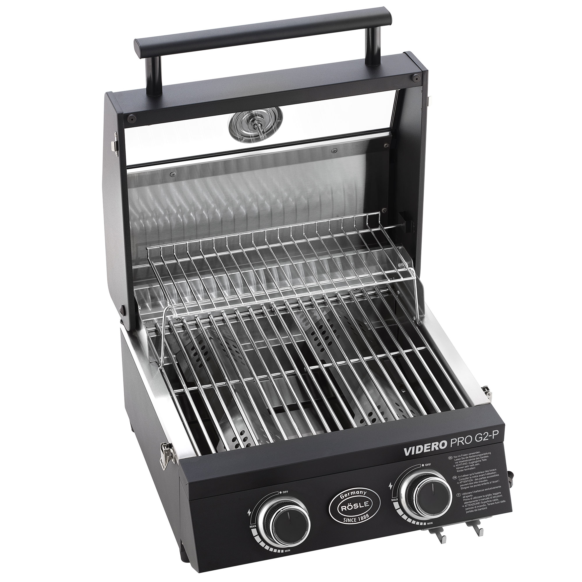 RÖSLE Gasgrill Videro PRO G2-P Gasgrill Videro PRO G2-P, tragbar, mit Edelstahlrost und zwei Reglern, geöffnet.