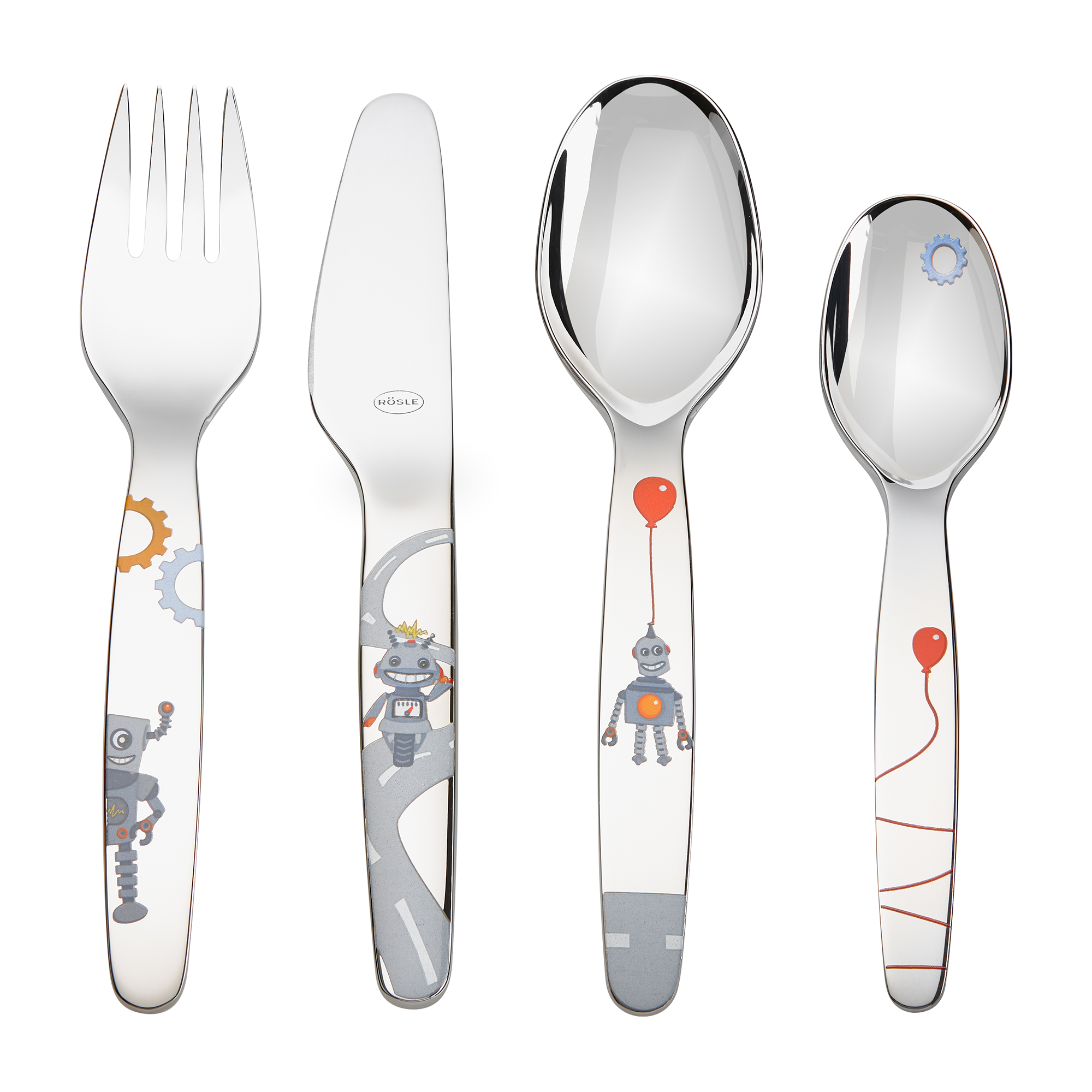 RÖSLE Kinderbesteck Roboter Kinderbesteck mit Roboter-Motiv, bestehend aus Gabel, Messer und Löffel, aus Edelstahl, farbenfrohe...