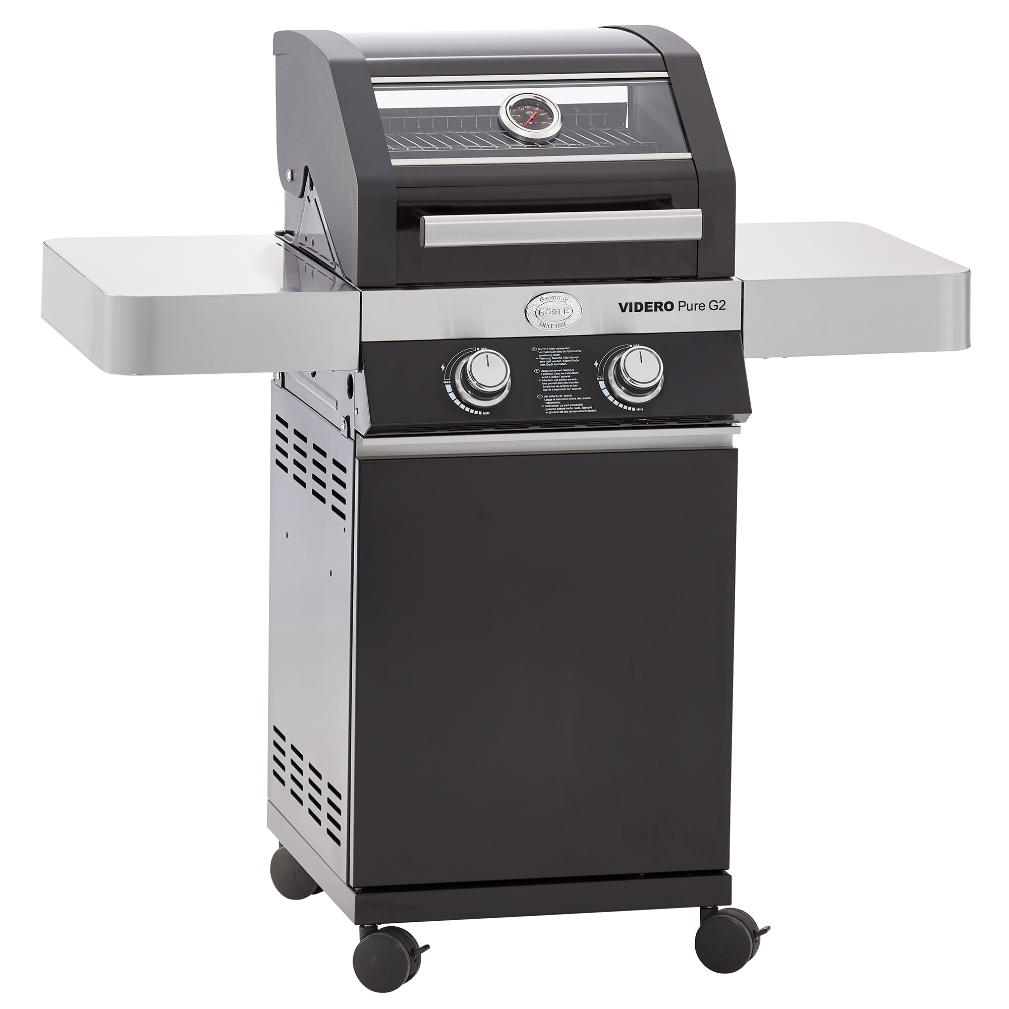 RÖSLE Gasgrill Videro G2 Gasgrill Videro G2, schwarz, mit zwei Seitentischen, Temperaturanzeige und zwei Reglern.