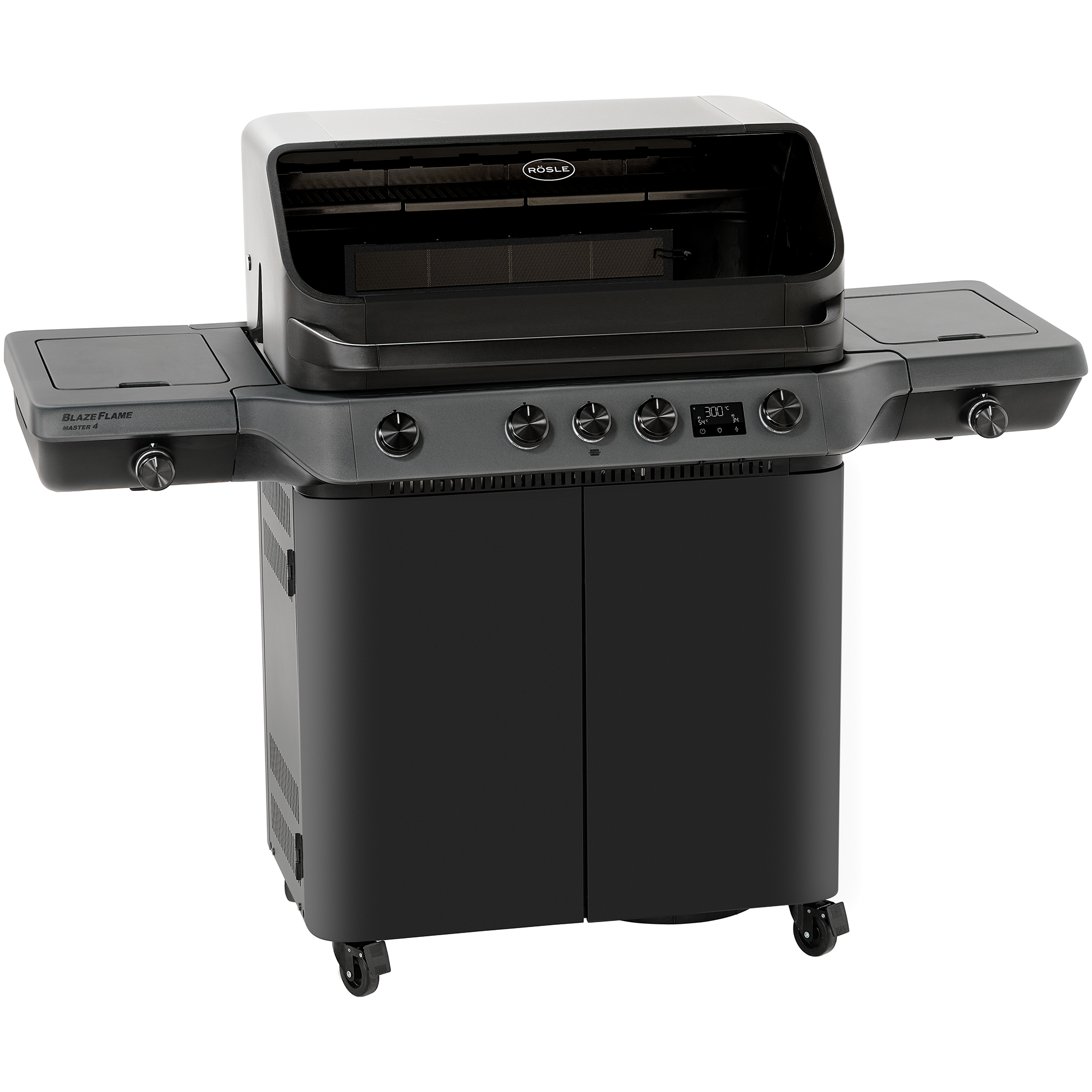 RÖSLE Blazeflame Master 4 Gasgrill Blazeflame Master 4 Gasgrill in Schwarz mit zwei Seitentischen und vier Bedienelementen.