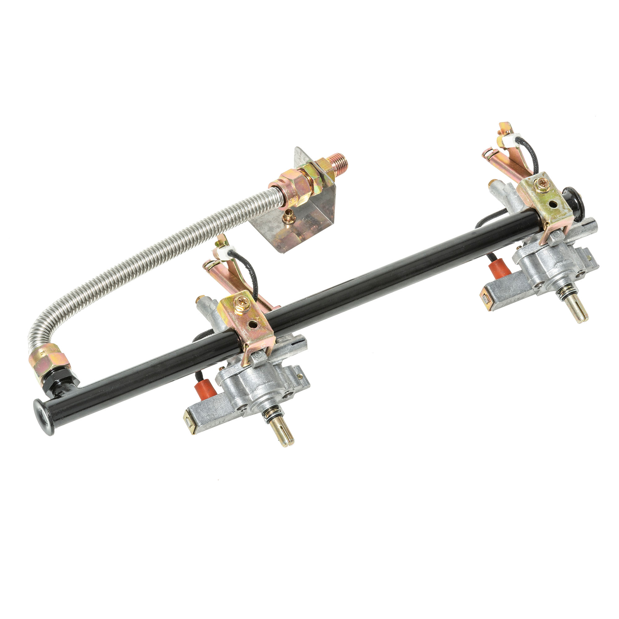 Ventileinheit, komplett, aus Metall, mit zwei Ventilen und einer Verbindung, für Grillgeräte.