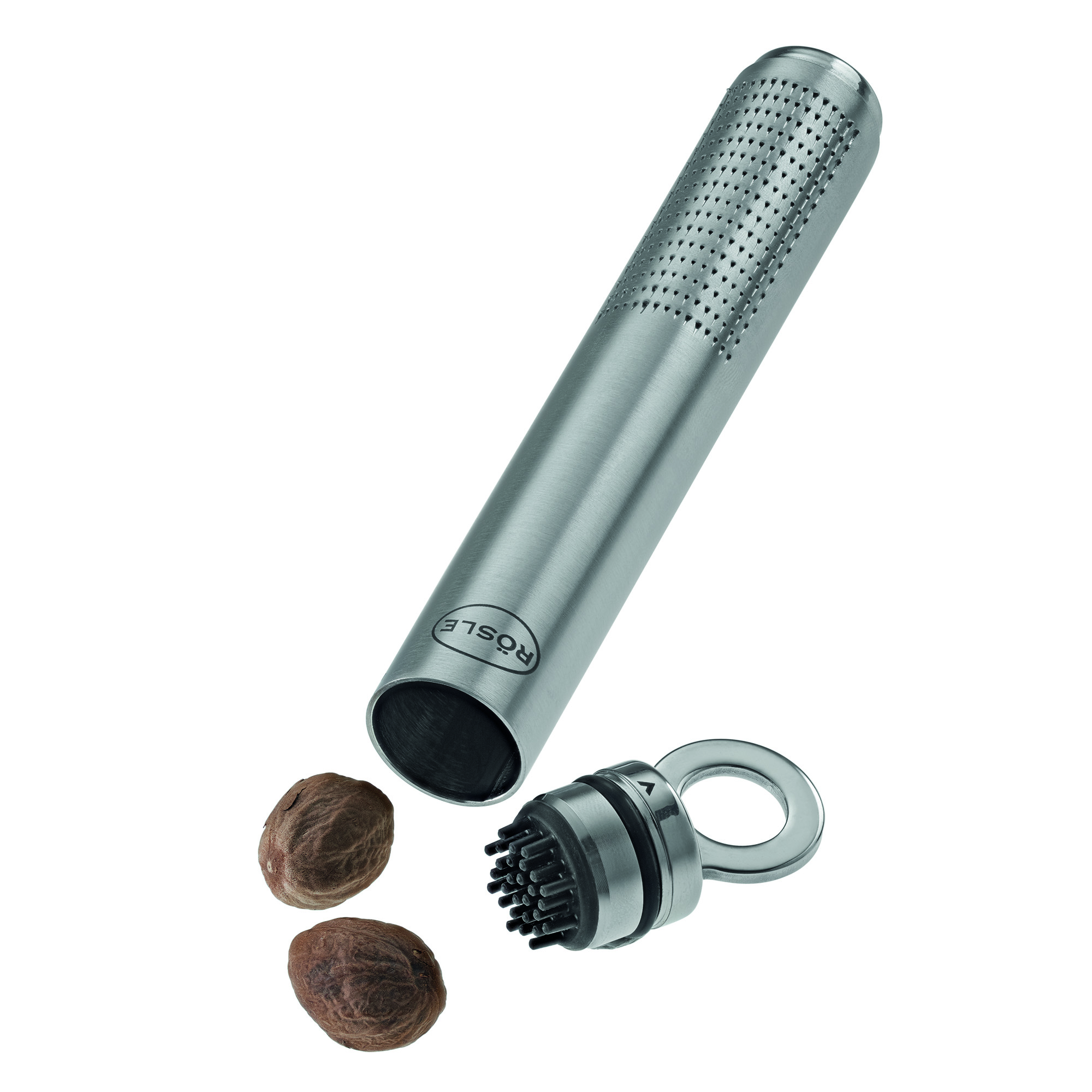 RÖSLE Muskatreibe 18 cm Muskatreibe mit Rundgriff aus Edelstahl, inklusive zwei Muskatnüssen.