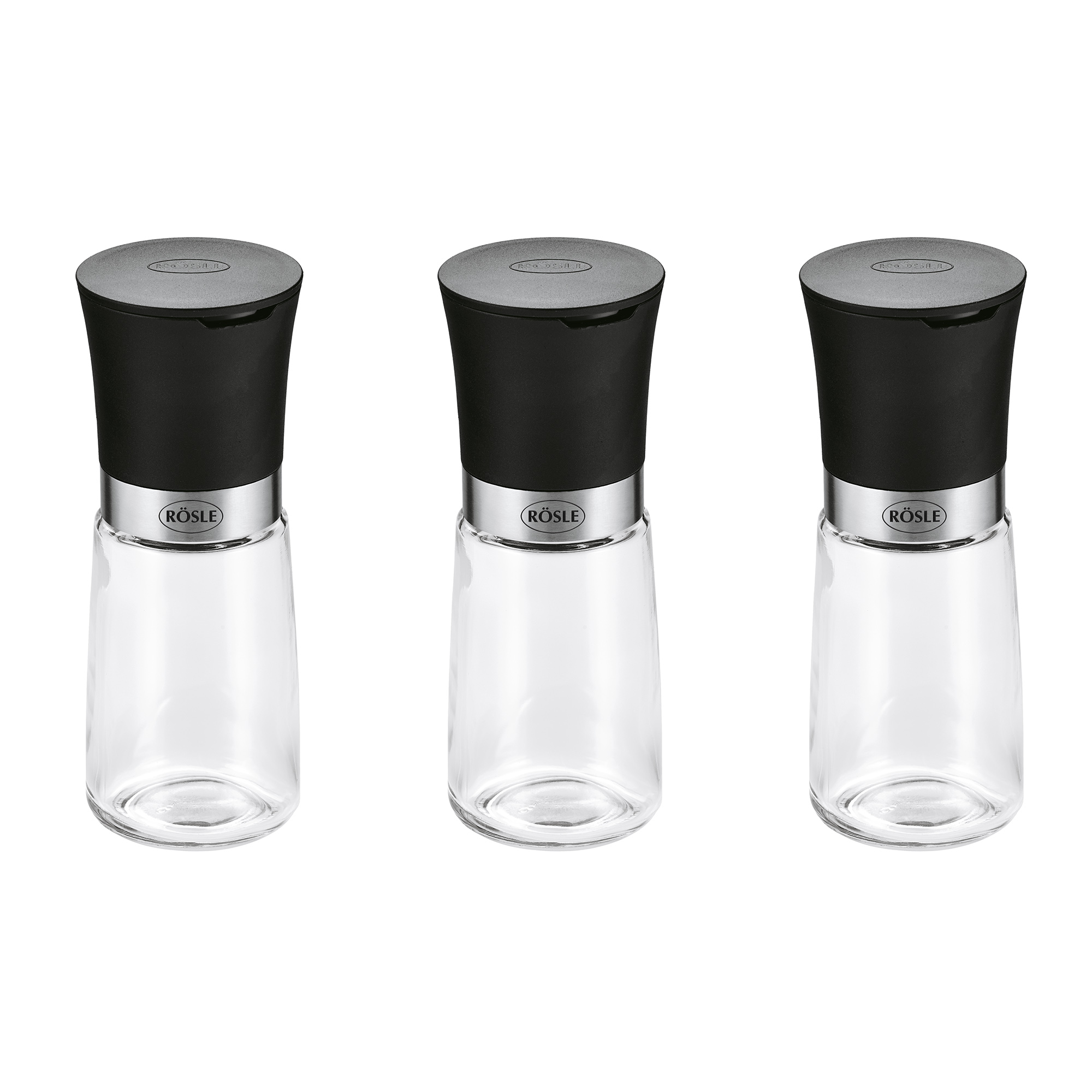 RÖSLE Gewürzmühlen-Set Gewürzmühlen-Set, 3-teilig, mit schwarzem Deckel und transparentem Glasbehälter.