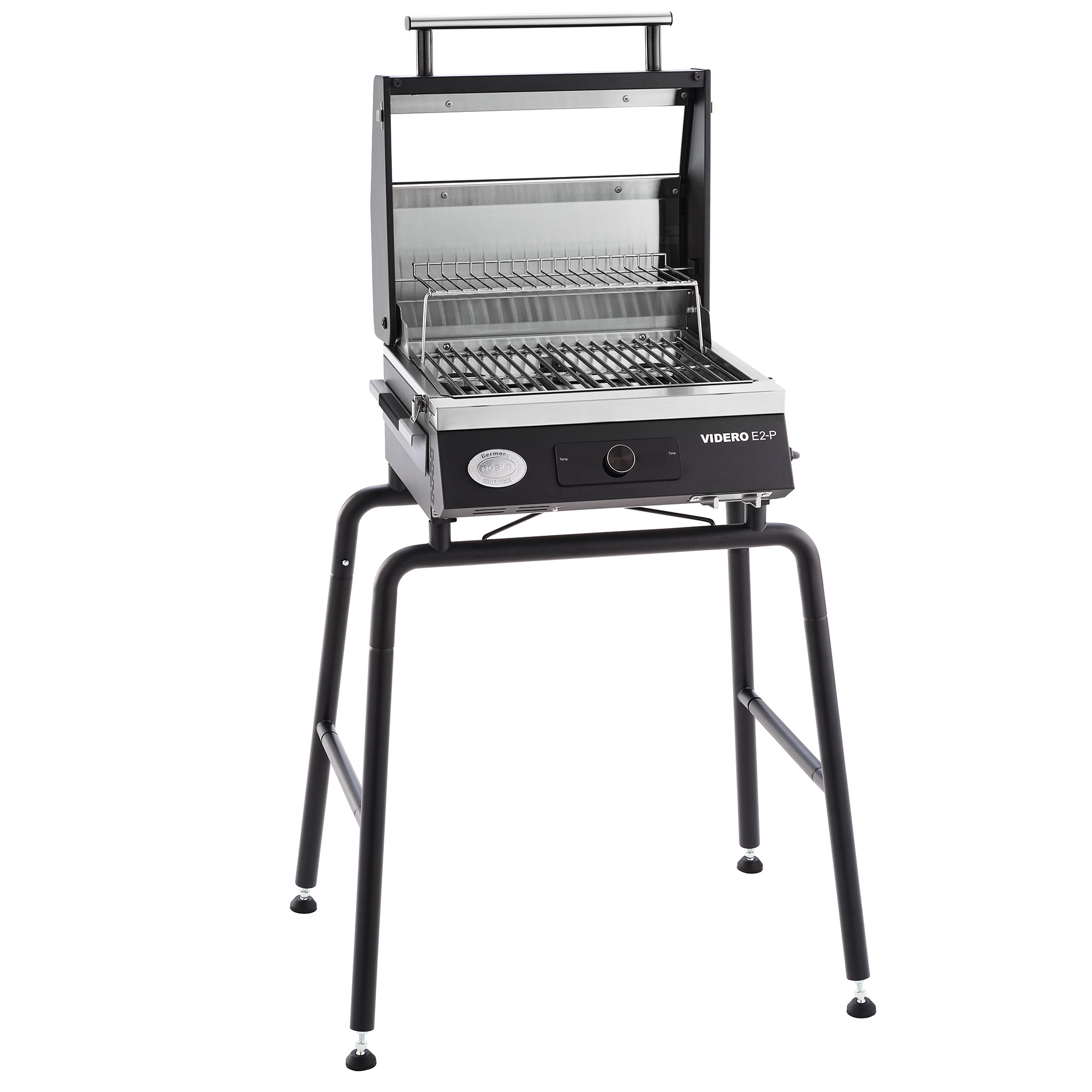RÖSLE Elektrogrill Videro E2-P Elektrogrill Videro E2-P mit geöffnetem Deckel, auf einem stabilen Gestell, aus schwarzem...