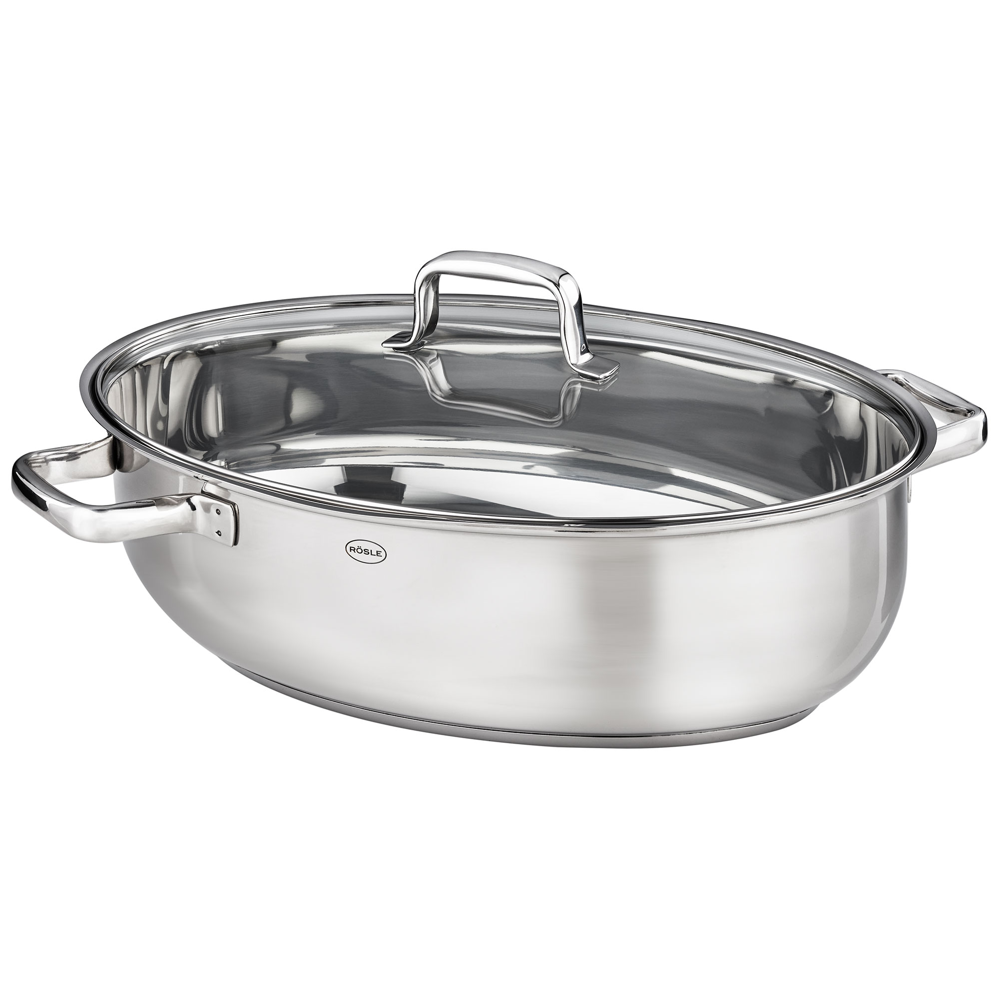 Ovaler Edelstahlbräter von RÖSLE Bräter aus Edelstahl, oval mit Glasdeckel und zwei Griffen