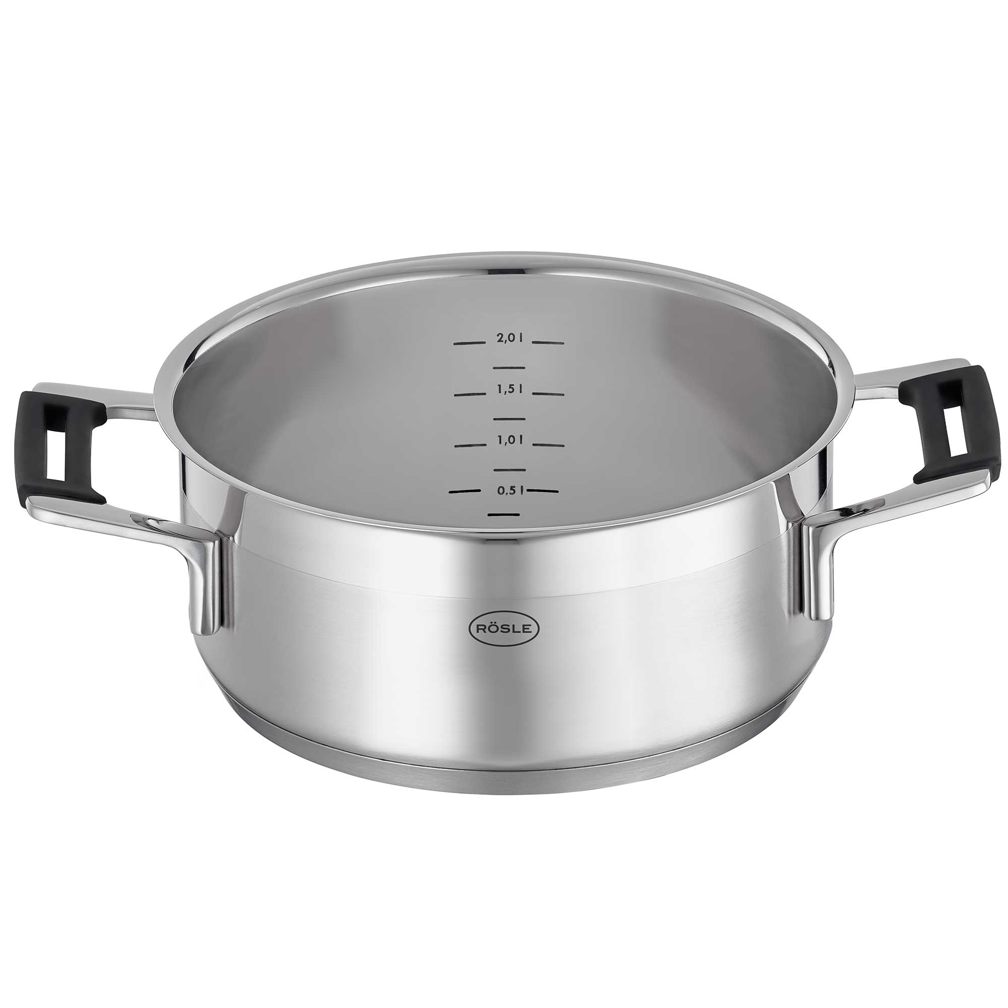 RÖSLE Bratentopf Silence PRO 20 cm Bratentopf Silence PRO, 20 cm, aus Edelstahl mit Messskala innen, zwei schwarze Griffe