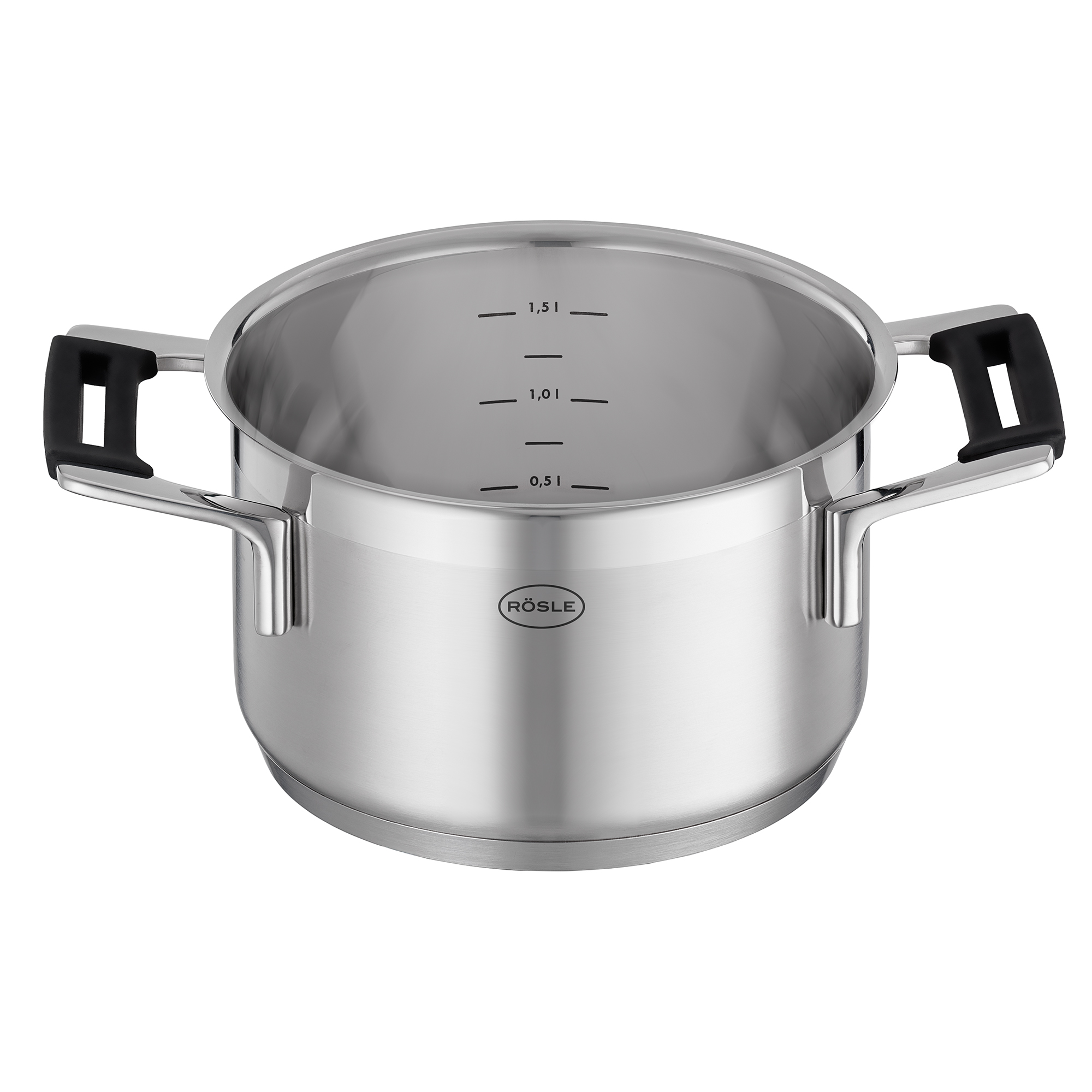 RÖSLE Kochtopf 16 cm aus Edelstahl Kochtopf, 16 cm, aus Edelstahl, mit Messskala und schwarzen Griffen
