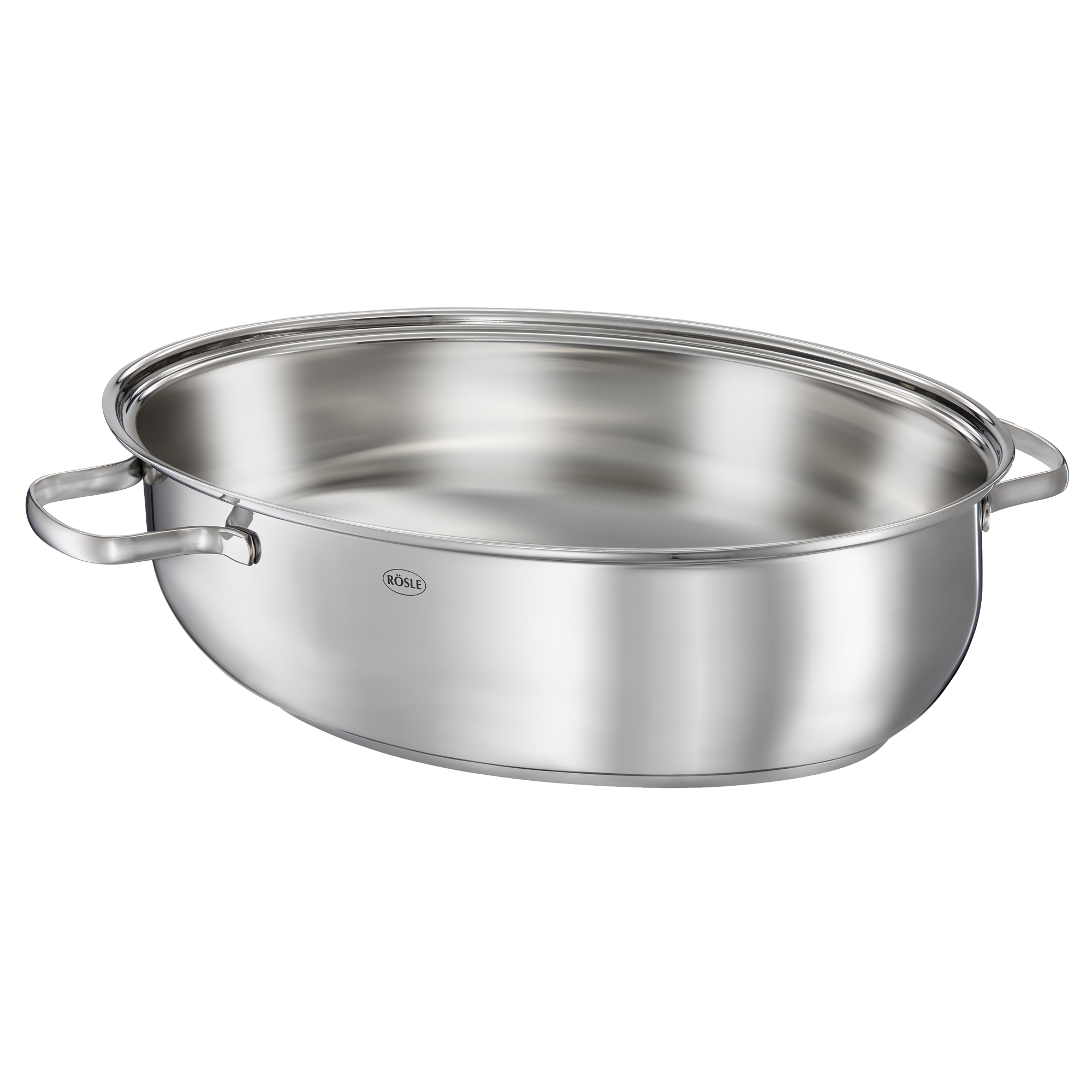 Ovaler Bräter von RÖSLE aus Edelstahl ovaler Bräter aus Edelstahl, glänzende Oberfläche, zwei Griffe.