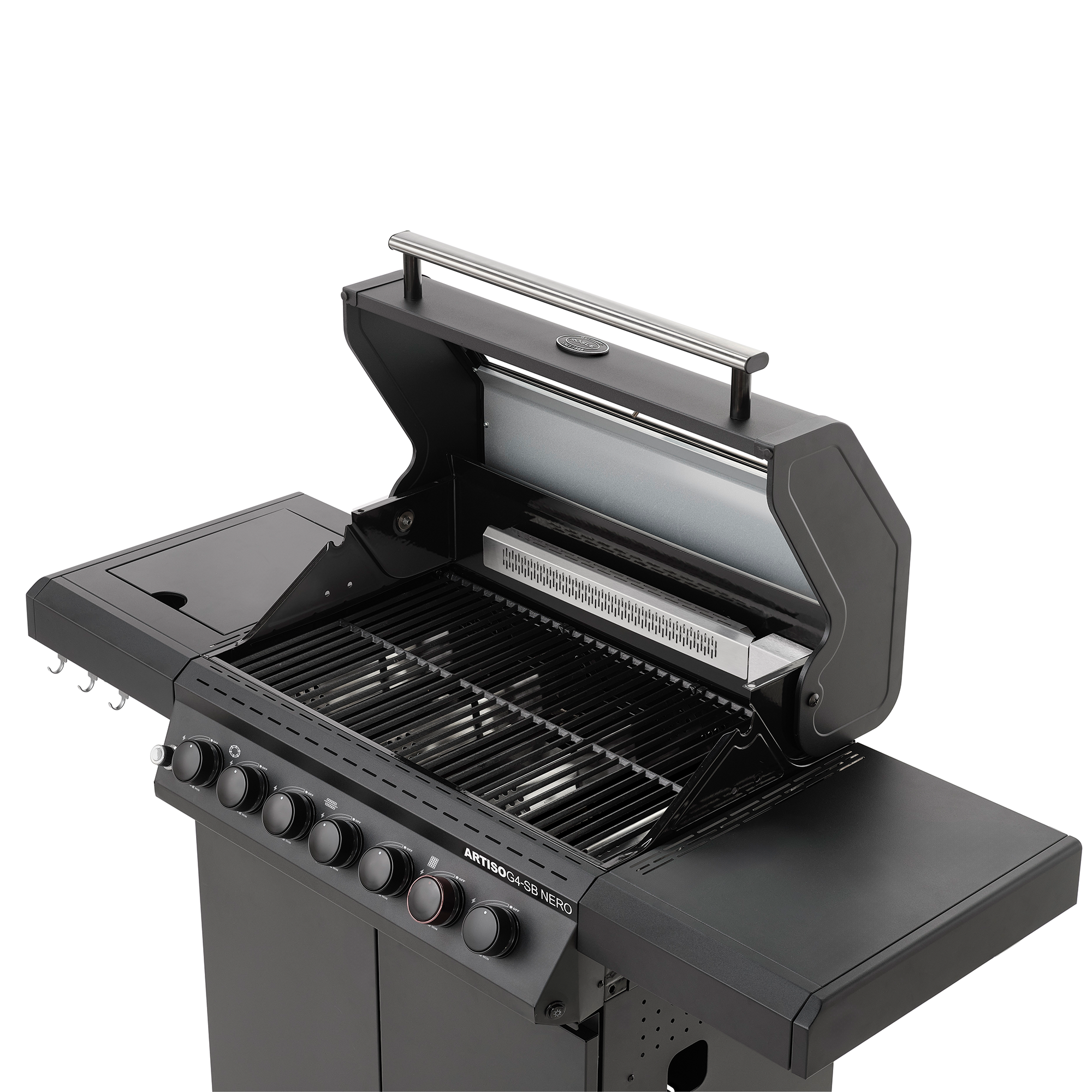 RÖSLE Artiso G4-SB Gasgrill Artiso G4-SB Gasgrill in Schwarz mit geöffnetem Deckel und Grillrost.