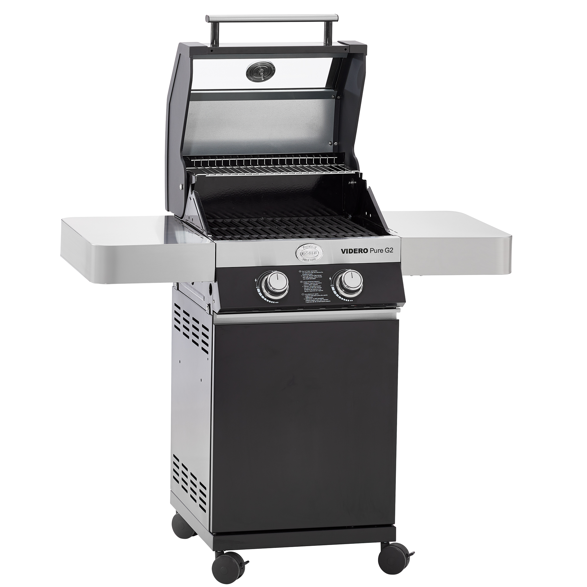 RÖSLE Gasgrill Videro G3 Pure Gasgrill Videro G3 Pure mit zwei seitlichen Ablagen, offen, aus Edelstahl und Schwarz, zwei...