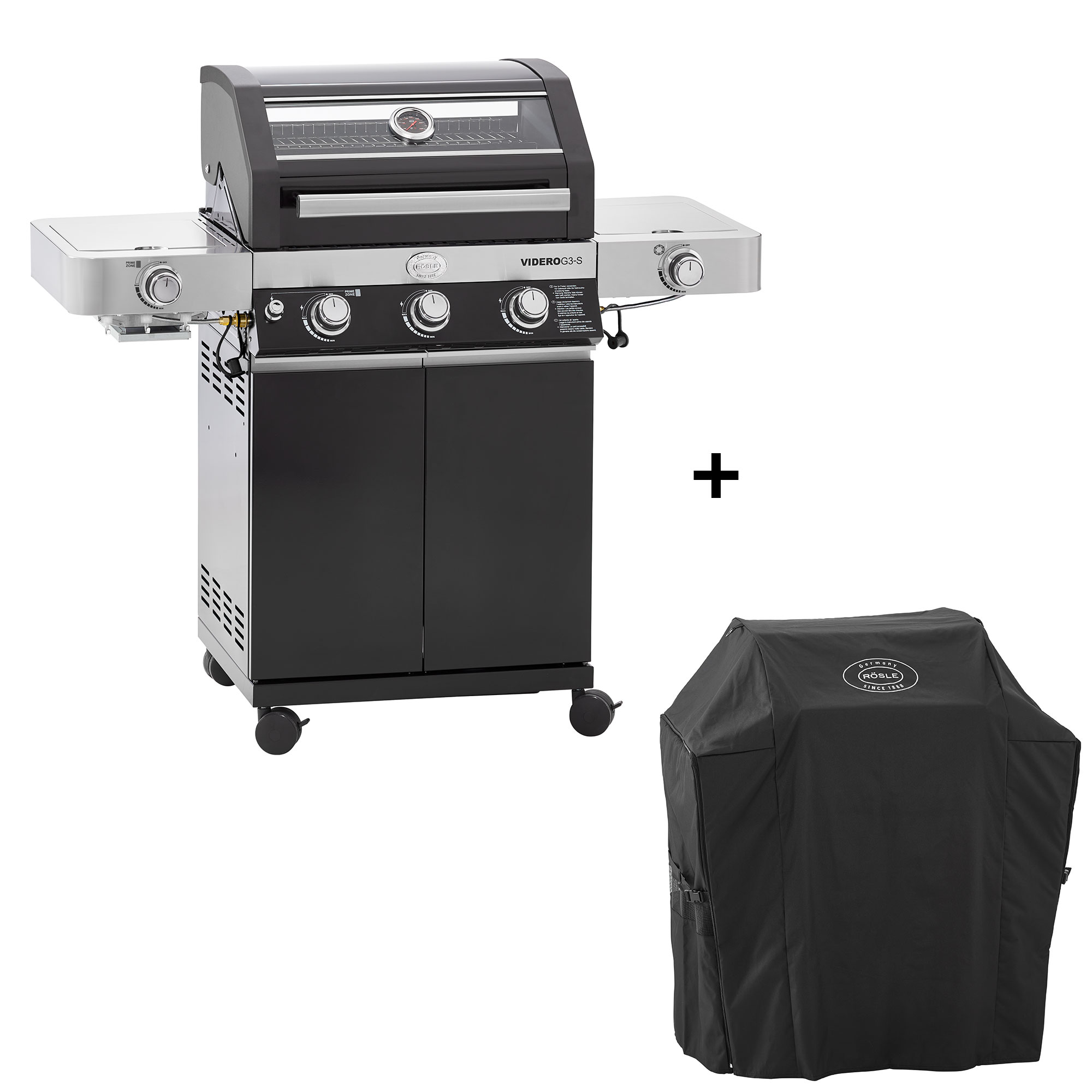 RÖSLE Gasgrill Videro G3-S mit Abdeckhaube Gasgrill Videro G3-S in Schwarz mit zwei Seitentischen und Abdeckhaube