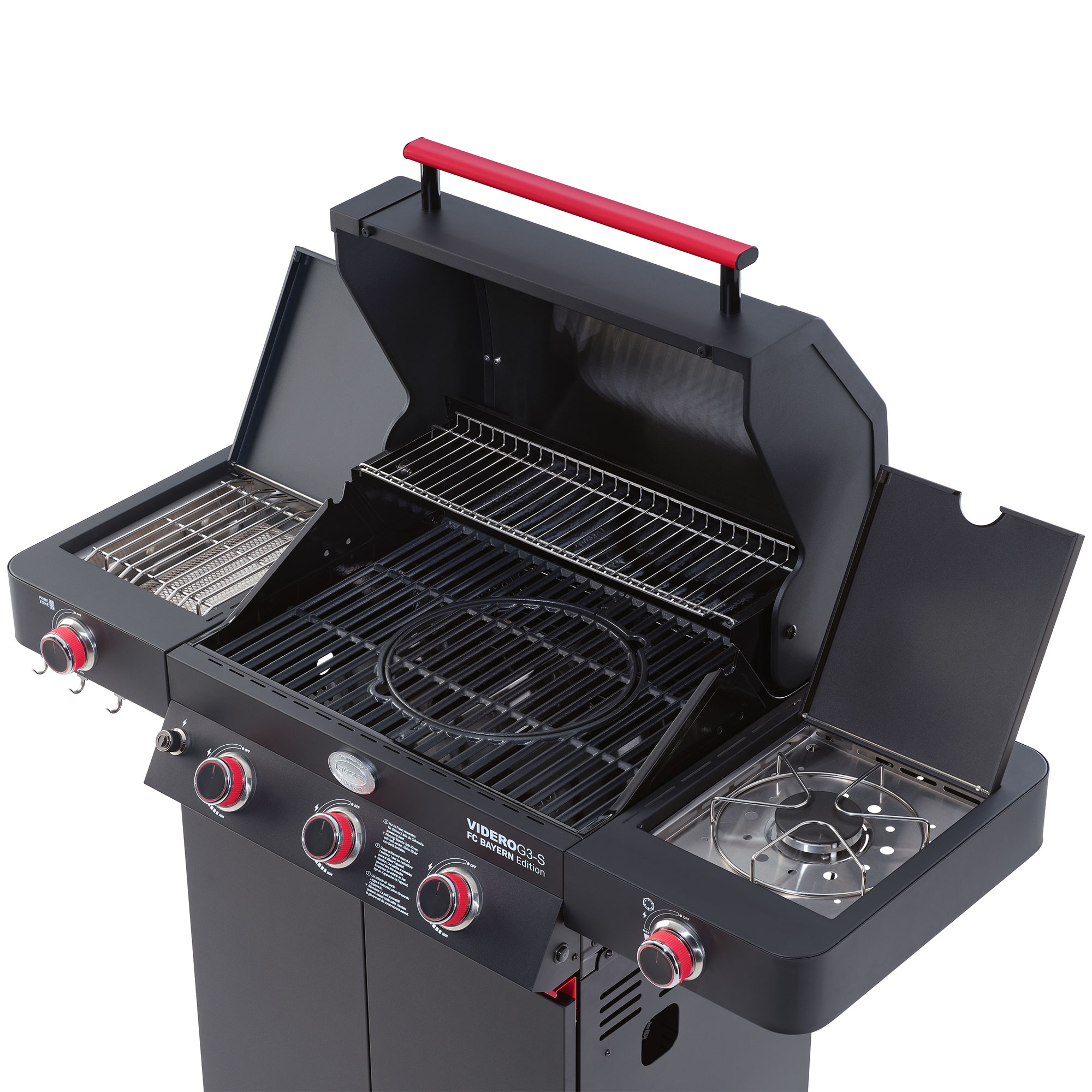 Gasgrill Videro G3-S in der FC Bayern Edition, schwarz mit rotem Griff, offene Grillfläche...