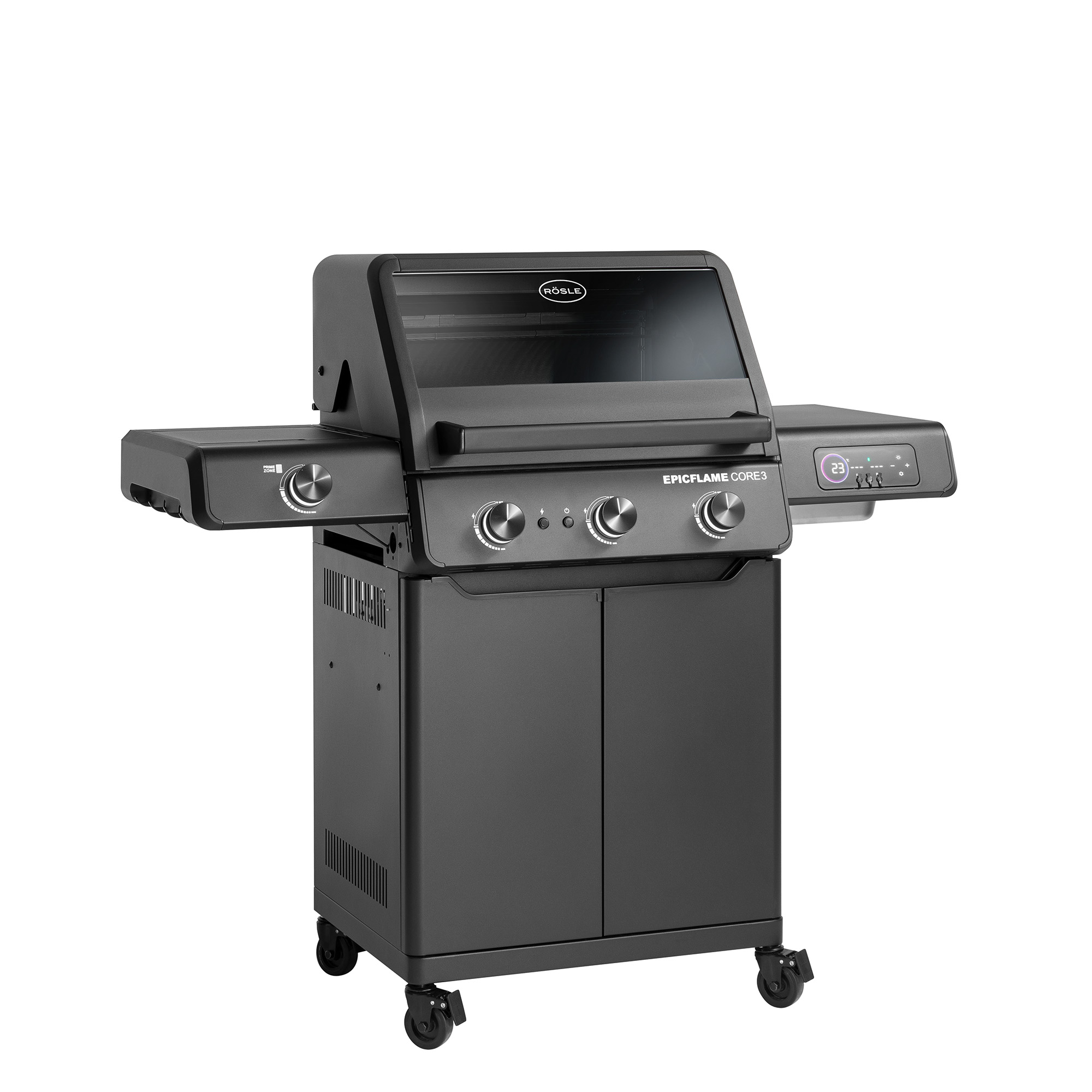 EPICFLAME Core 3 Gasgrill in Schwarz mit zwei Seitentischen und Bedienelementen.