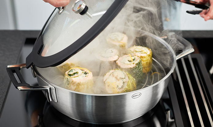 Steamed savoy cabbage salmon rolls in Aroma steamer