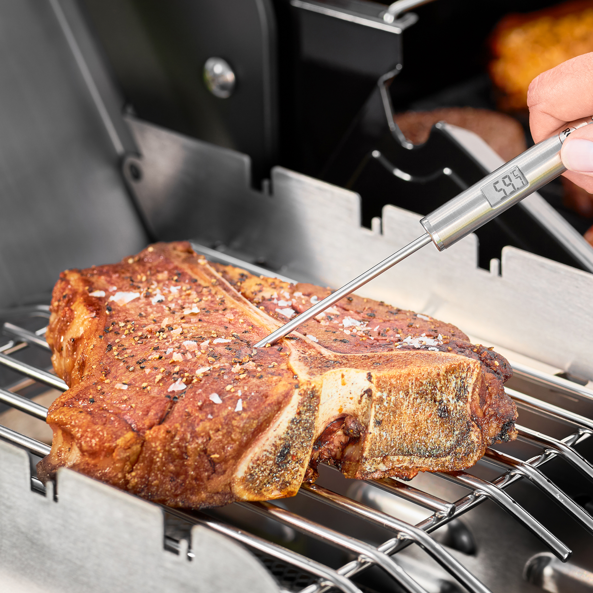 RÖSLE Gourmet-Thermometer mit Steak Gourmet-Thermometer misst die Temperatur eines saftigen Steaks auf einem Grillrost.