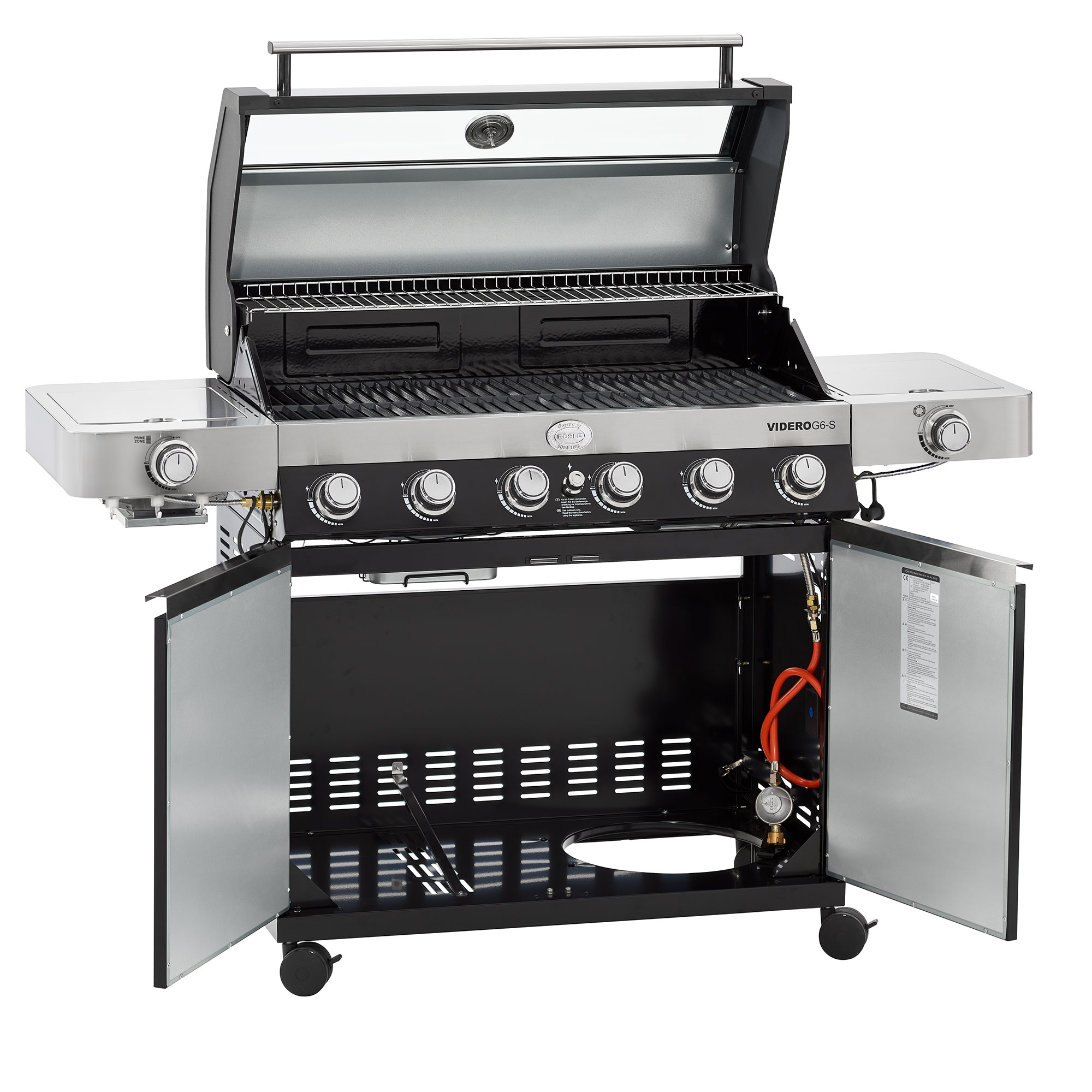 RÖSLE Videro G6-S Gasgrill Videro G6-S Gasgrill in Schwarz mit sechs Brennern, Grillfläche und zwei seitlichen Ablageflächen.