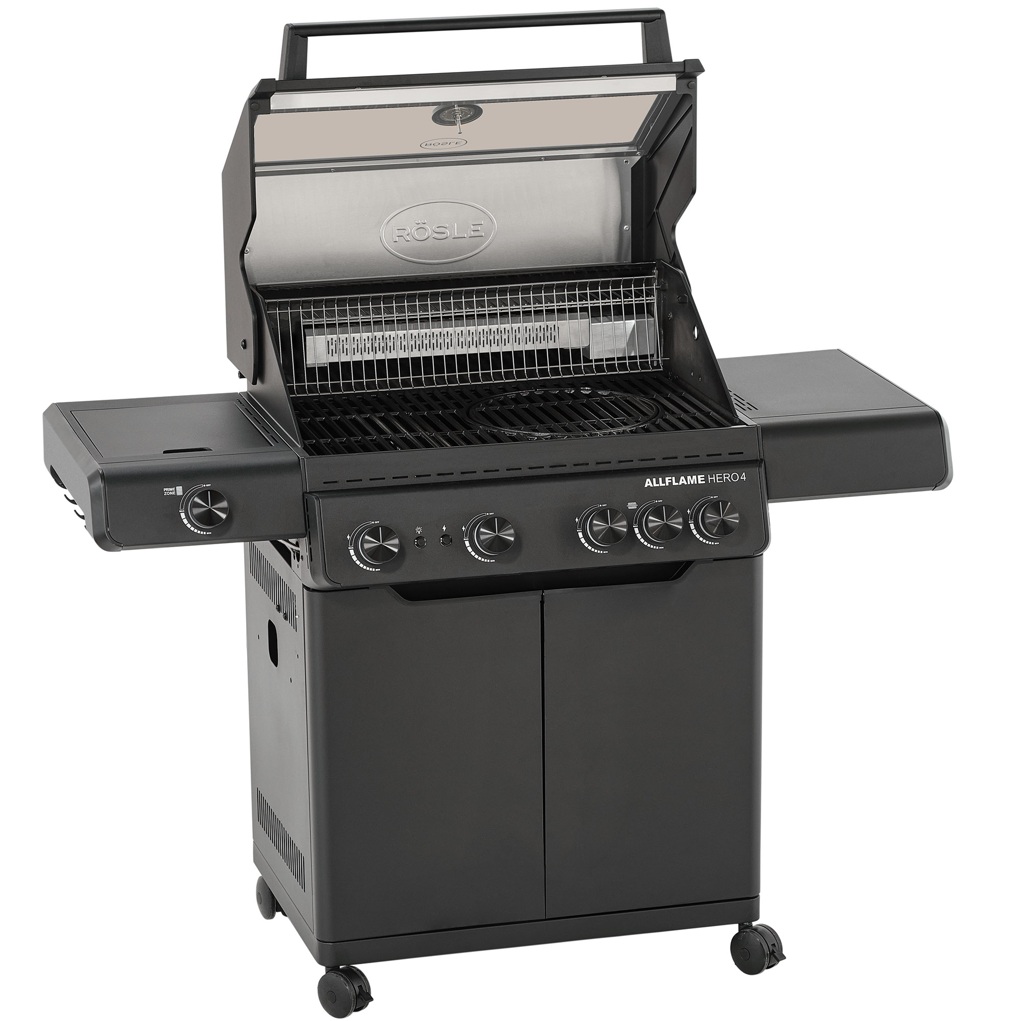 RÖSLE Allflame HERO4 Gasgrill Allflame HERO4 Gasgrill in Schwarz mit offener Haube, Grillrost und Bedienelementen.