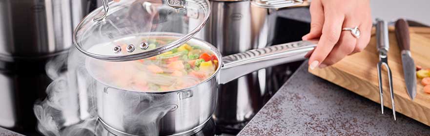 RÖSLE steelpan met groenten Pan met stoom, groenten worden gekookt, hand reikt naar het deksel