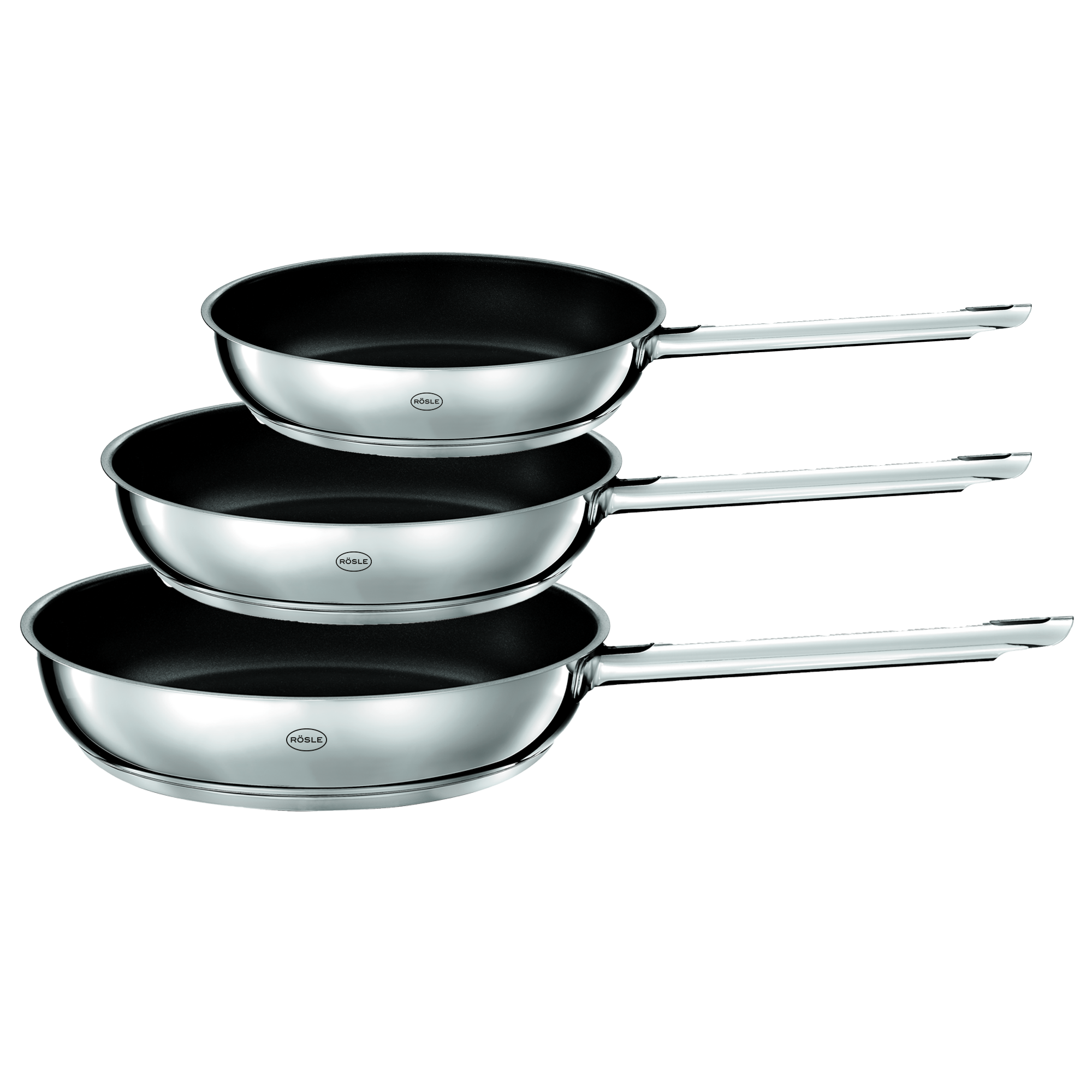 RÖSLE Pfannen-Set Pureelements Pfannen-Set Pureelements aus Edelstahl, drei Größen, antihaftbeschichtet, mit langen Griffen