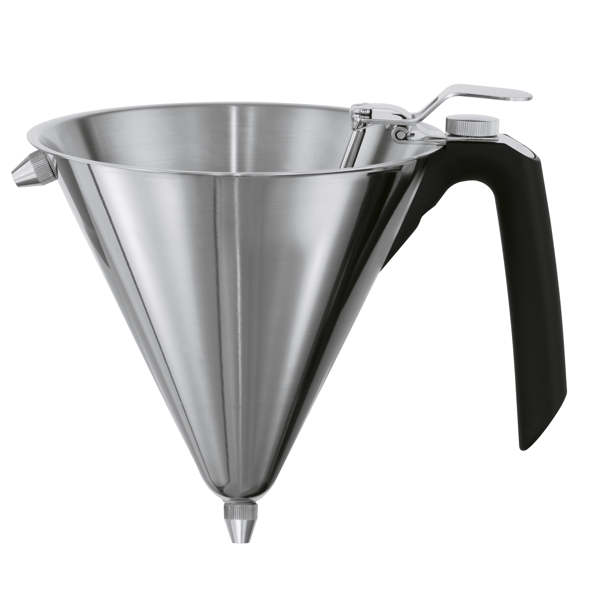 RÖSLE stainless steel fondant funnel Stainless steel fondant funnel, conical shape with black handle and outlet valve.