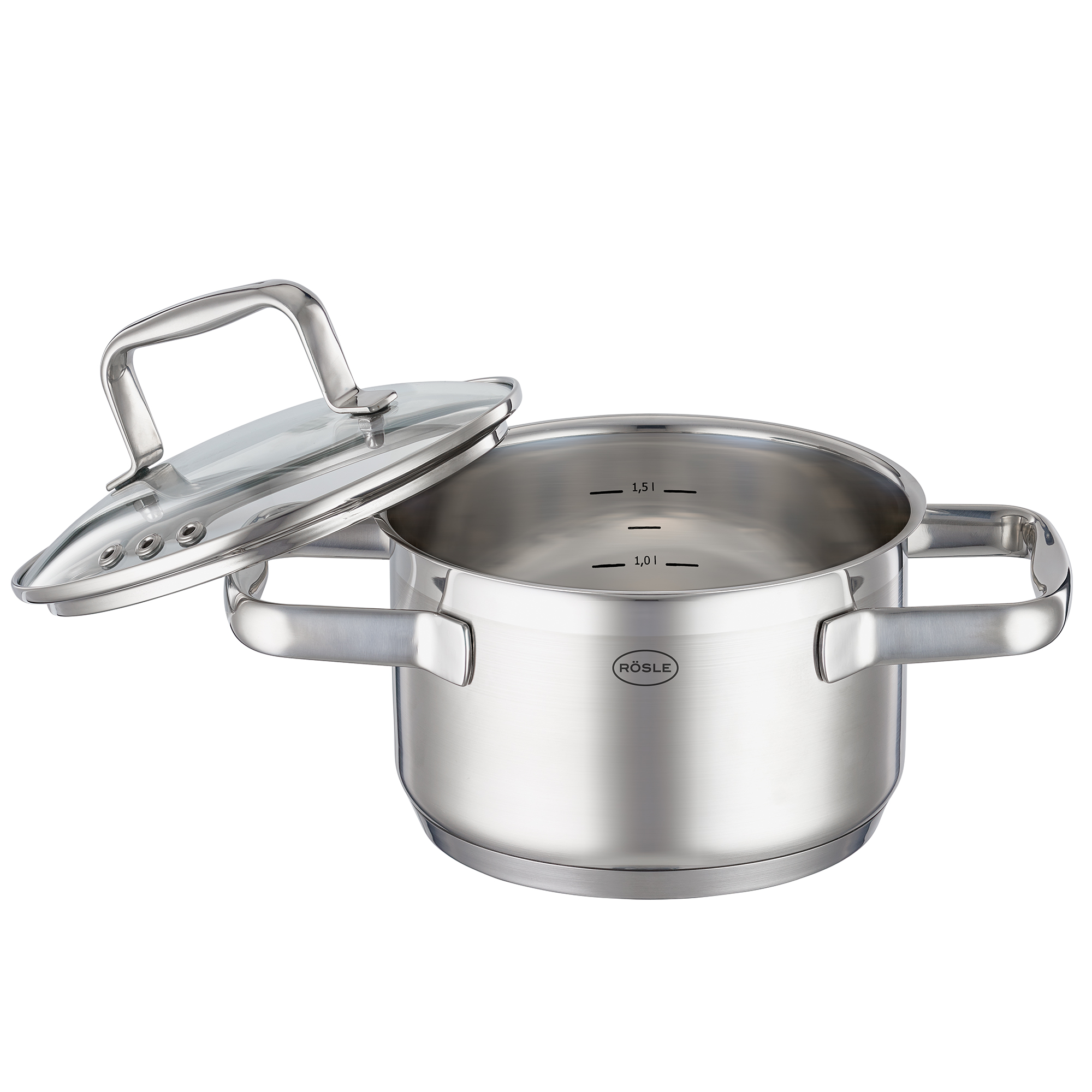 RÖSLE stainless steel saucepan 16 cm Stainless steel saucepan, 16 cm diameter, with lid and two handles.