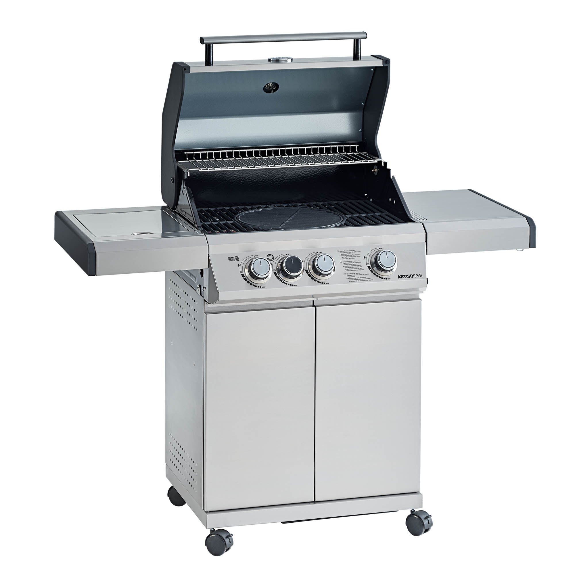 RÖSLE Gasgrill Artiso G3-S Gasgrill BBQ Station Artiso G3-S aus Edelstahl mit drei Reglern und zwei seitlichen Ablageflächen.