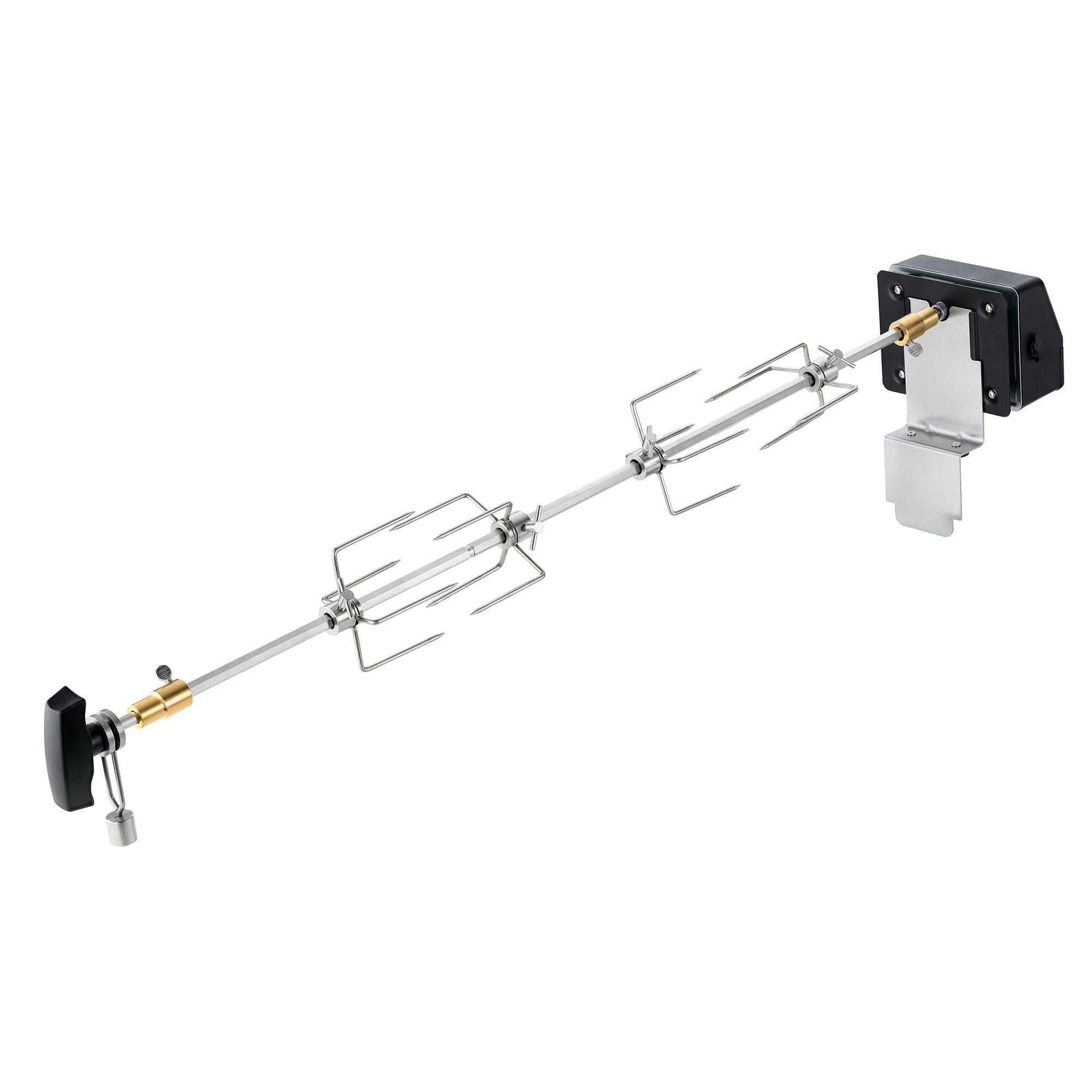 Drehspieß für Grill, aus Edelstahl, mit Halterungen und Motor.