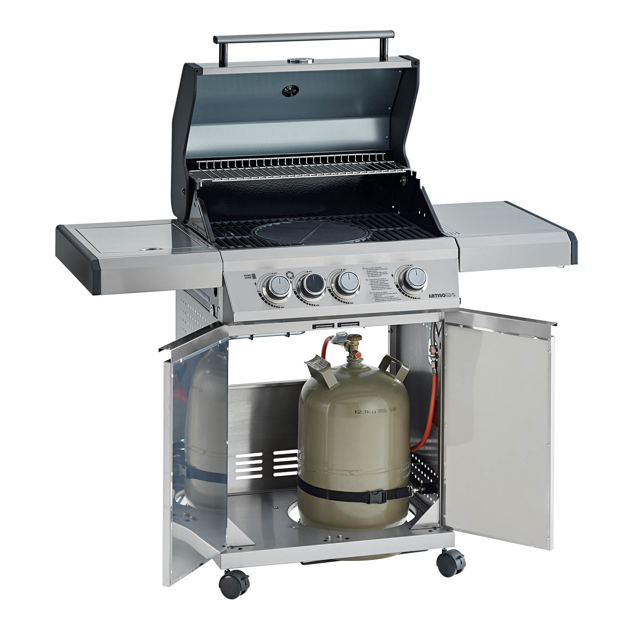 RÖSLE Gasgrill Artiso G3-S aus Edelstahl Gasgrill BBQ Station Artiso G3-S aus Edelstahl mit geöffnetem Deckel und Gasflasche im Unterschrank.