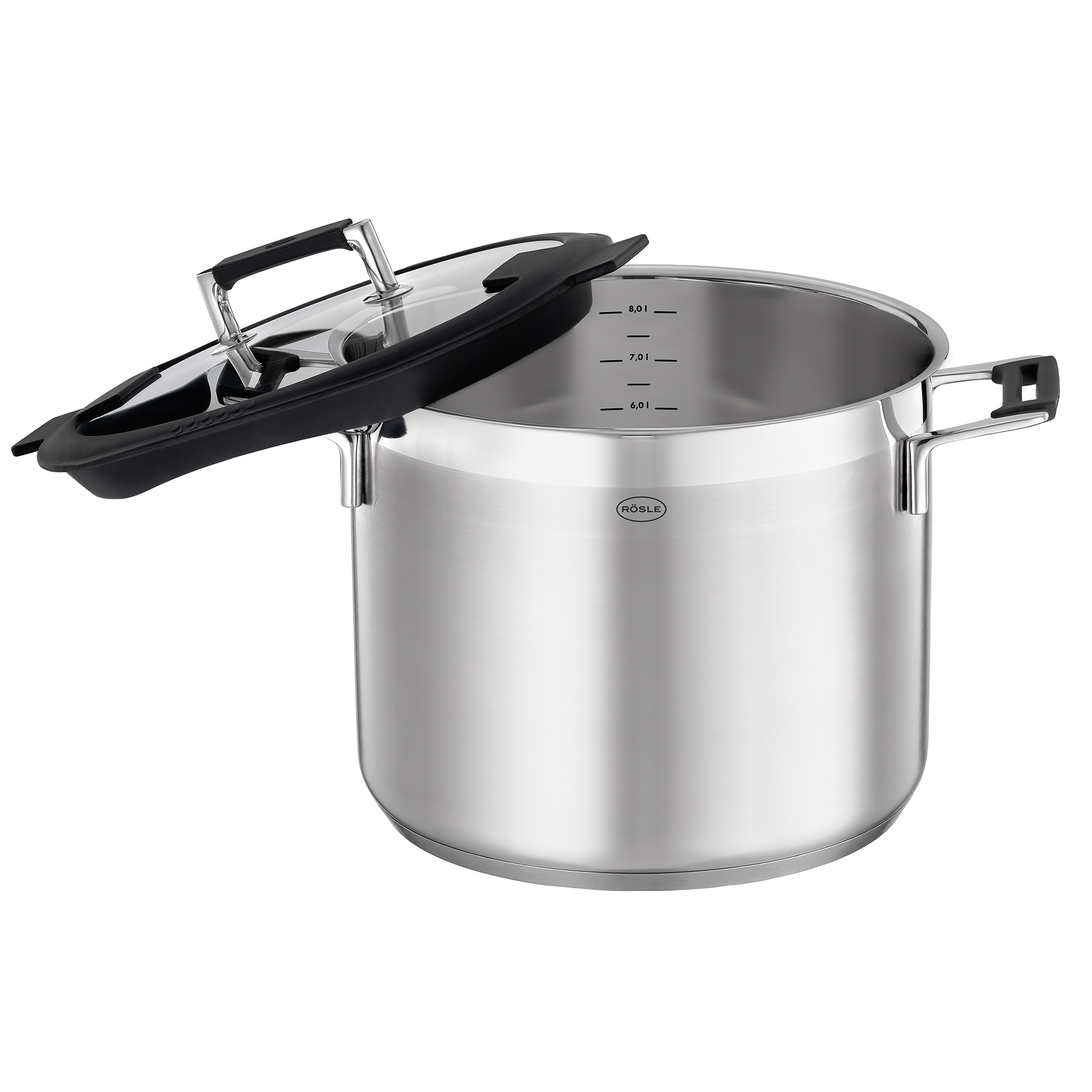 RÖSLE Kochtopf 24 cm hoch Kochtopf, 24 cm, hoch, aus Edelstahl, mit Glasdeckel und Silikongriff.