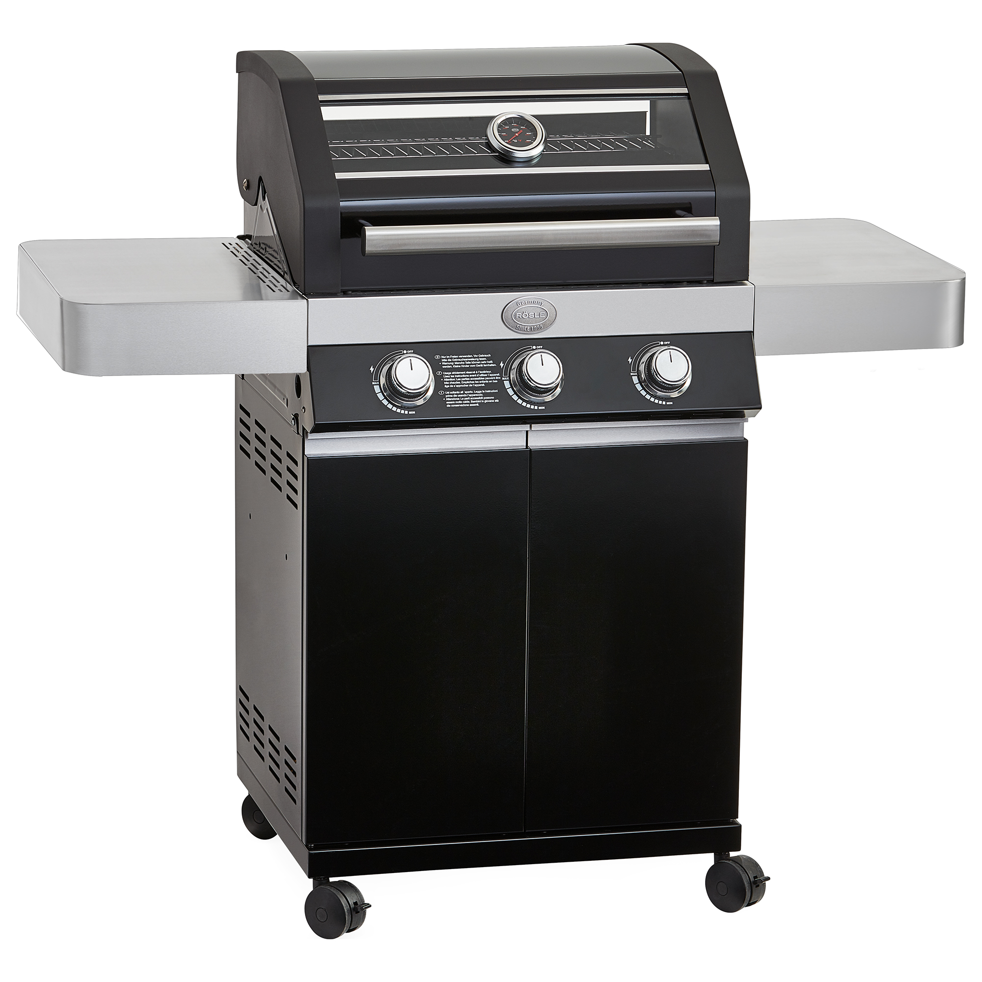 RÖSLE Gasgrill Videro G2 Gasgrill Videro G2, schwarz mit Edelstahl-Oberfläche, drei Brenner, Thermometer, zwei Seitenablagen.