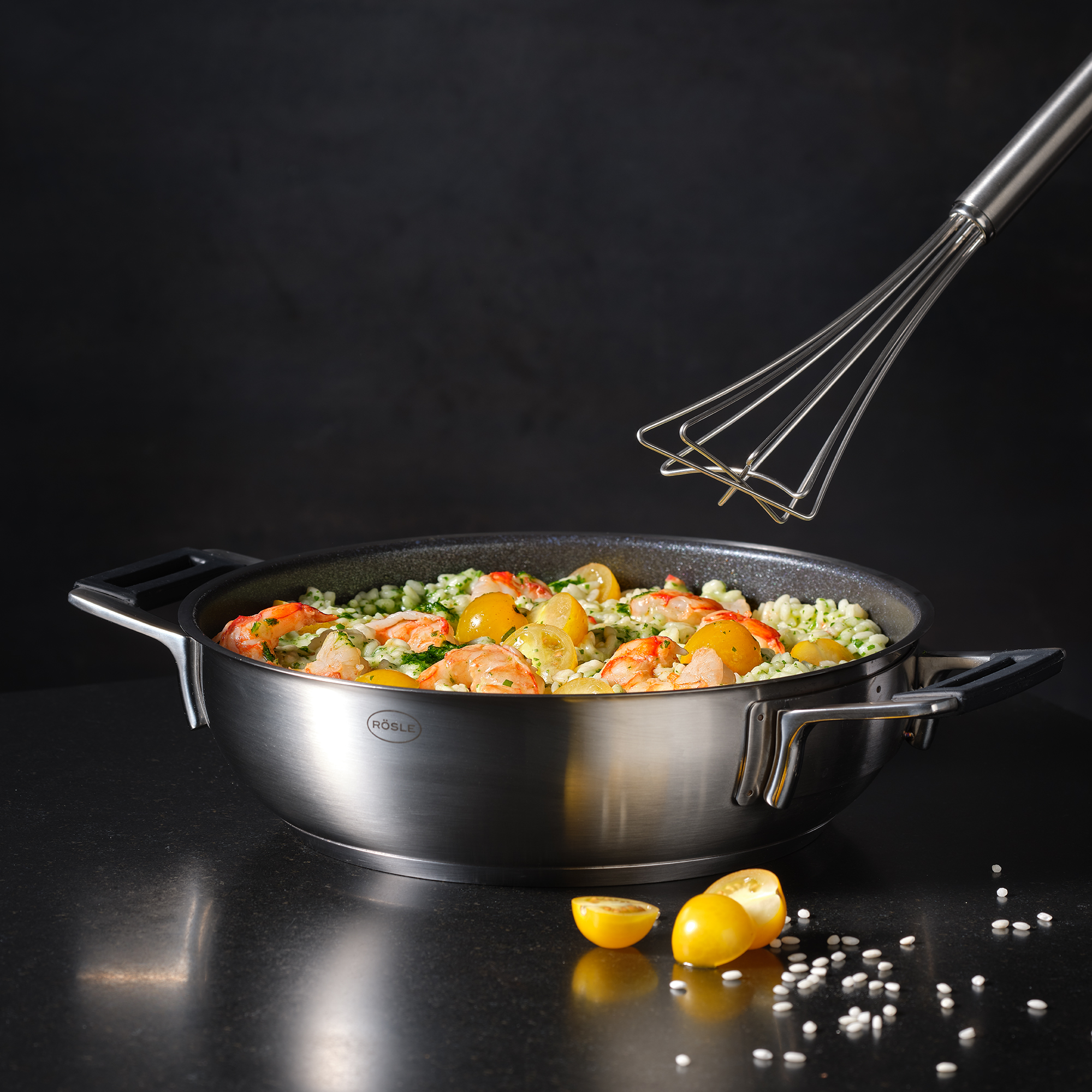 RÖSLE serving pan 28 cm made from ProResist ProResist serving pan 28 cm with vegetables and lemons, stainless steel, round shape
