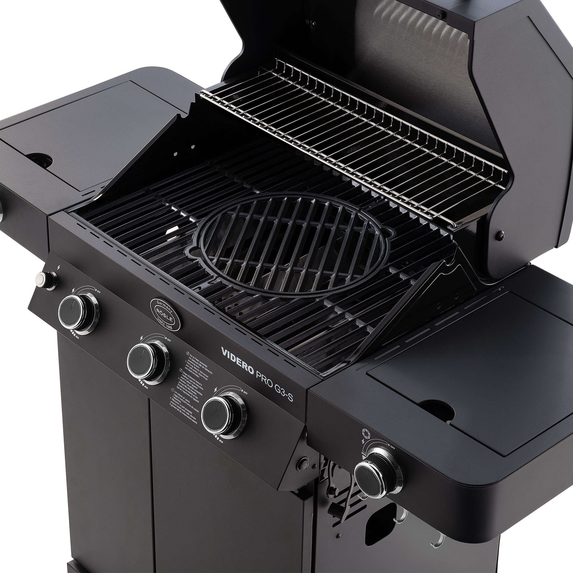 RÖSLE Gasgrill Videro G3-S PRO Gasgrill Videro G3-S PRO mit geöffnetem Deckel, Grillrost und drei Bedienelementen.