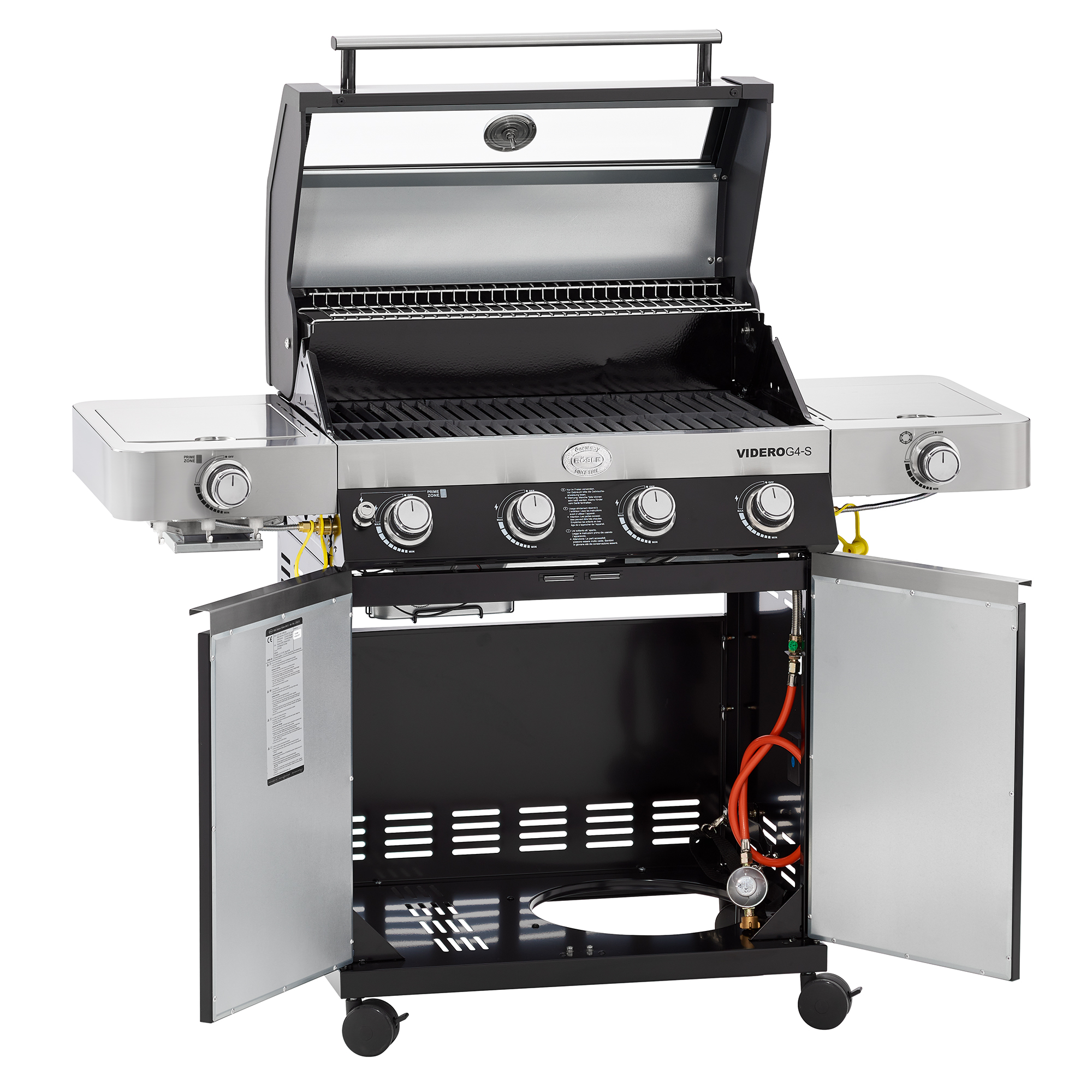RÖSLE Gasgrill Videro G4-S Gasgrill Videro G4-S in Schwarz mit vier Brennern, klappbaren Seitentischen und offenem Deckel.