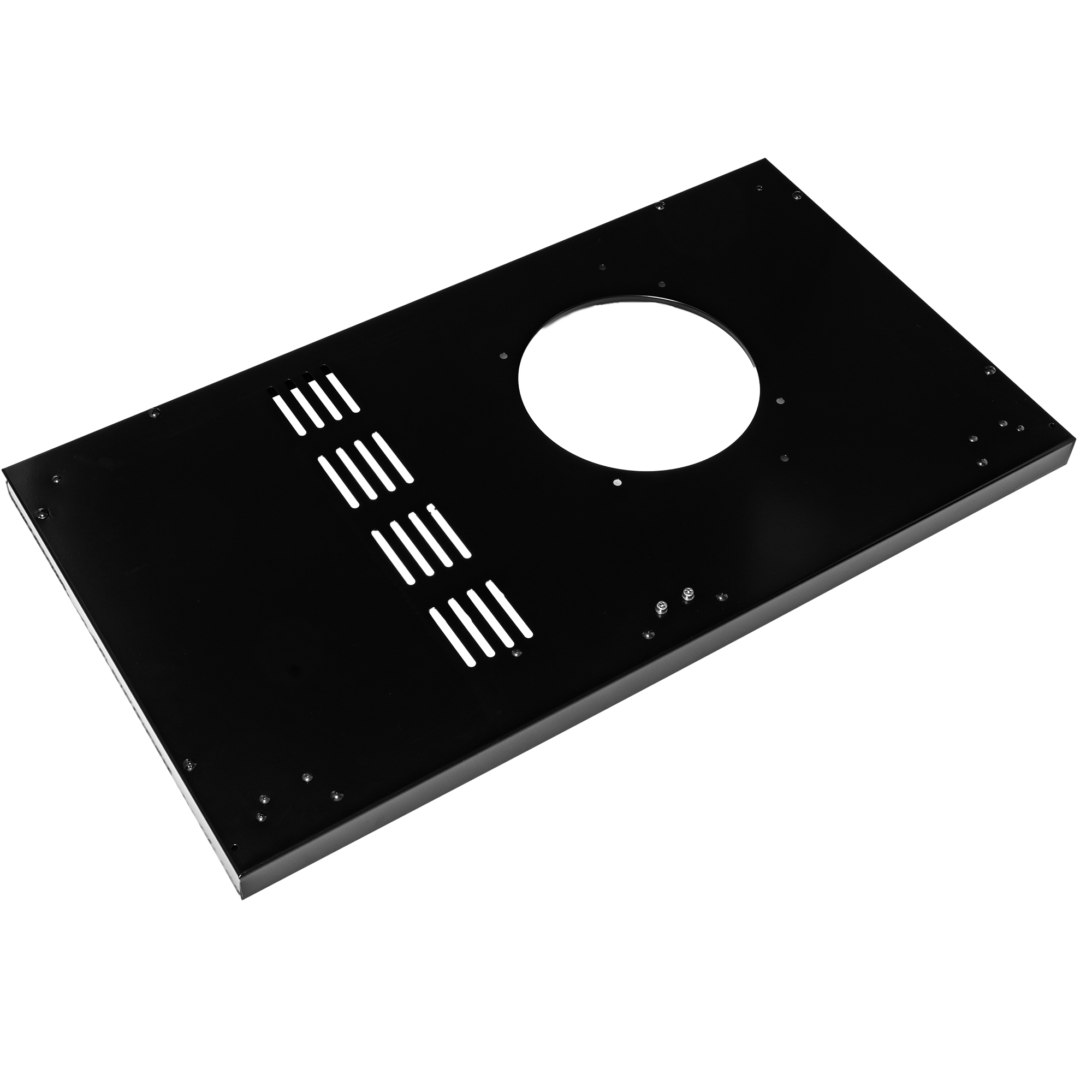 RÖSLE Unterschrank-Boden Unterschrank-Boden, rechteckige schwarze Platte aus Metall mit Aussparung und Belüftungsschlitzen.