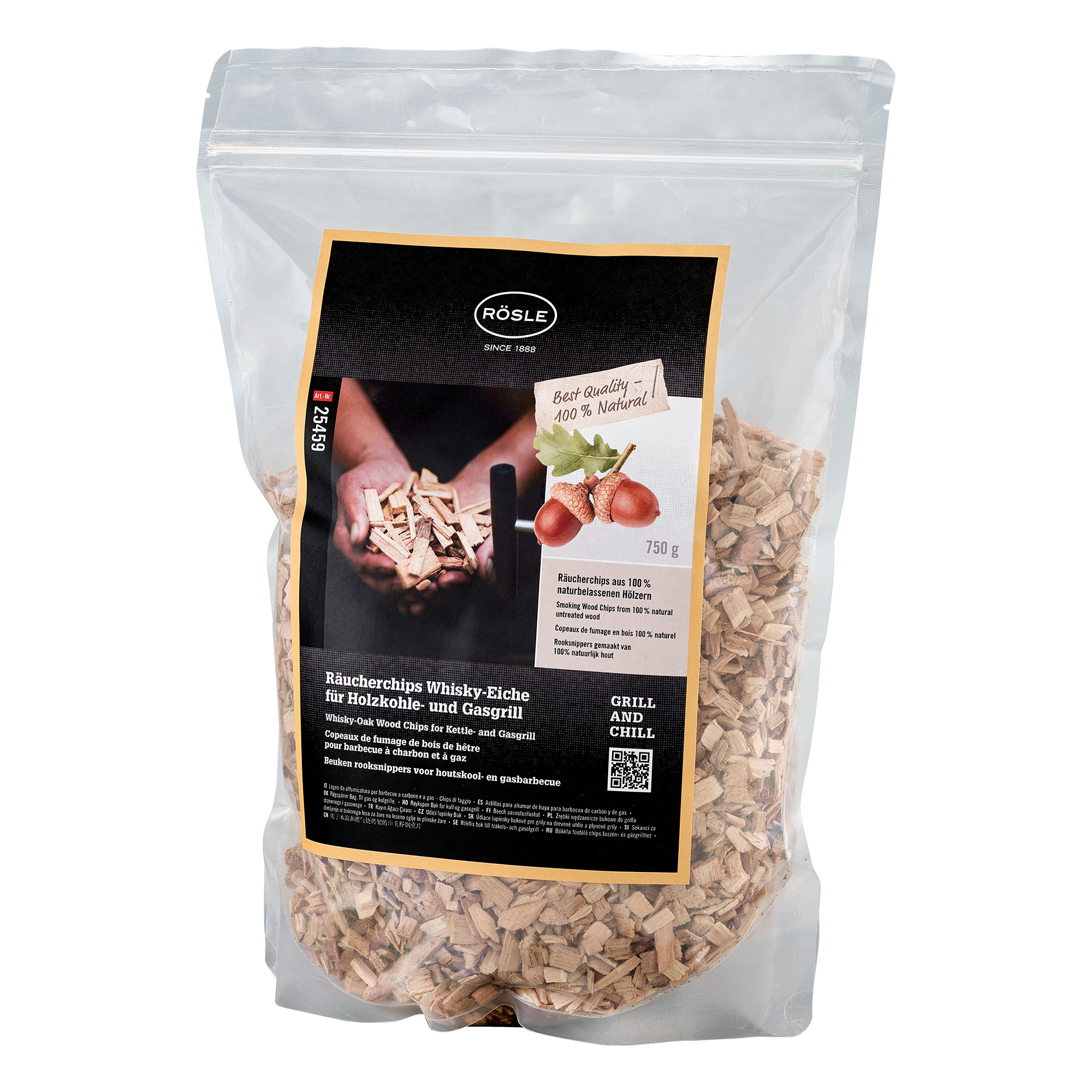 RÖSLE Räucherchips Whisky-Eiche Räucherchips aus Whisky-Eiche in einer transparenten Verpackung, geeignet für Holzkohle und...